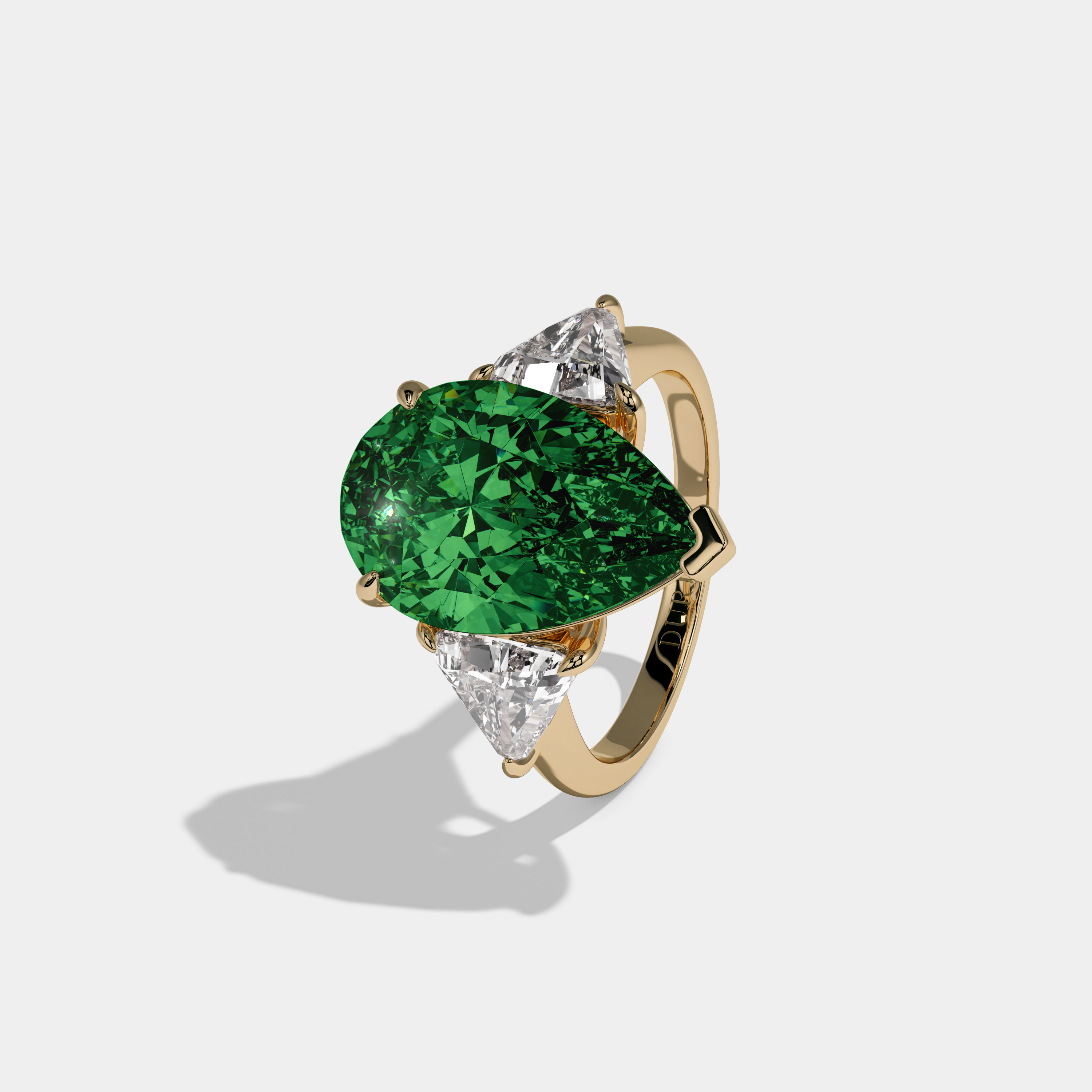 Margaret Fancy Dark Green Pear Cut Diamond Plain Band With Triangle Cut Sides Engagement Ring 8ct 18K Yellow Gold