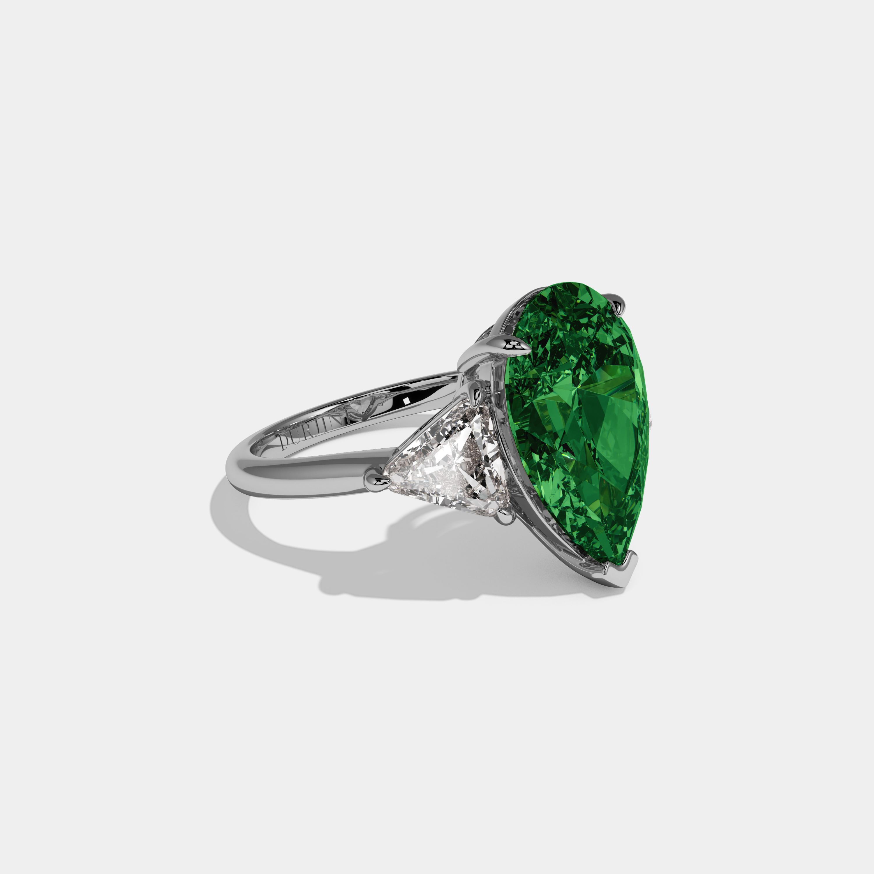Charlotte Fancy Dark Green Pear Cut Diamond Plain Band With Triangle Cut Sides Engagement Ring 8ct 18K White Gold
