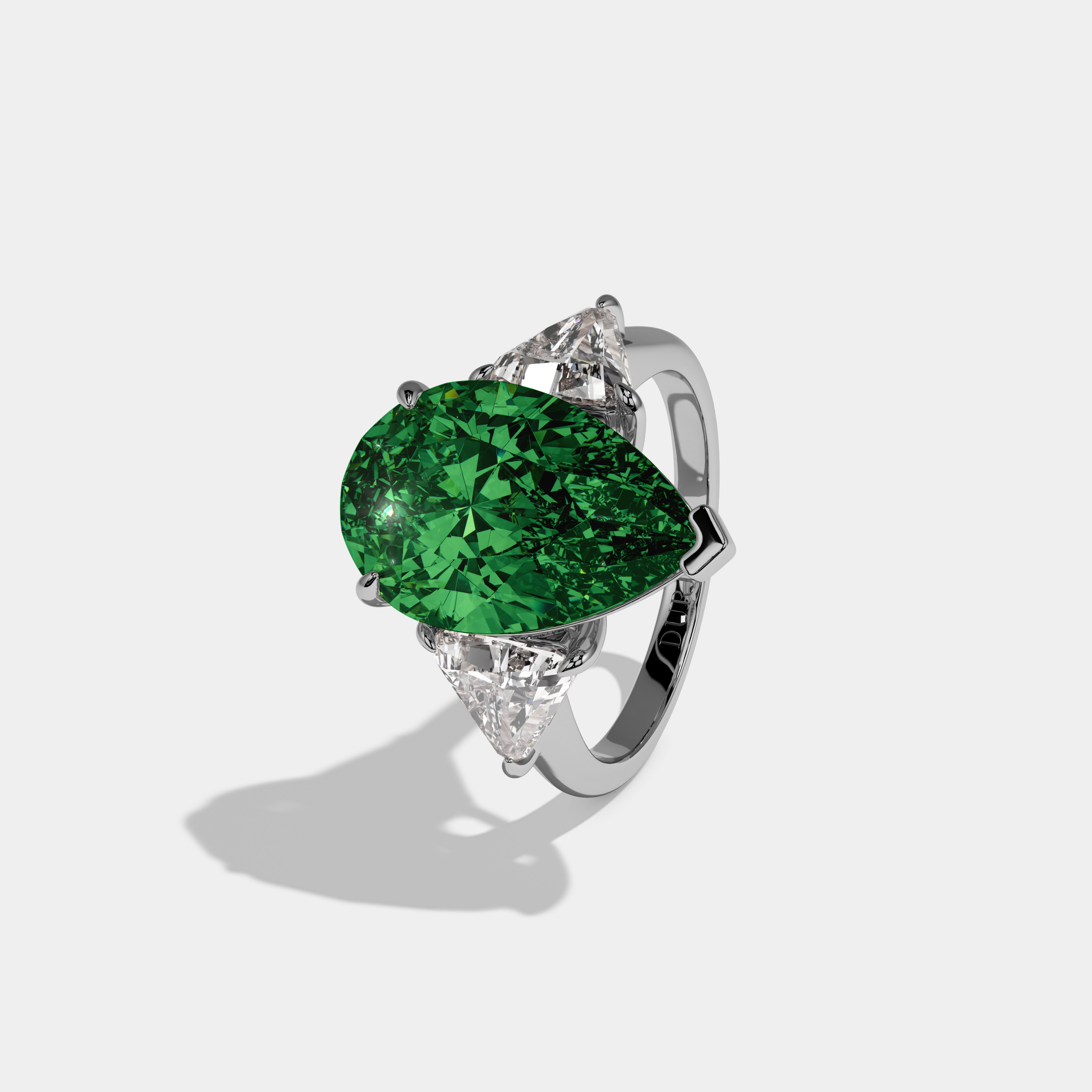 Charlotte Fancy Dark Green Pear Cut Diamond Plain Band With Triangle Cut Sides Engagement Ring 8ct 18K White Gold