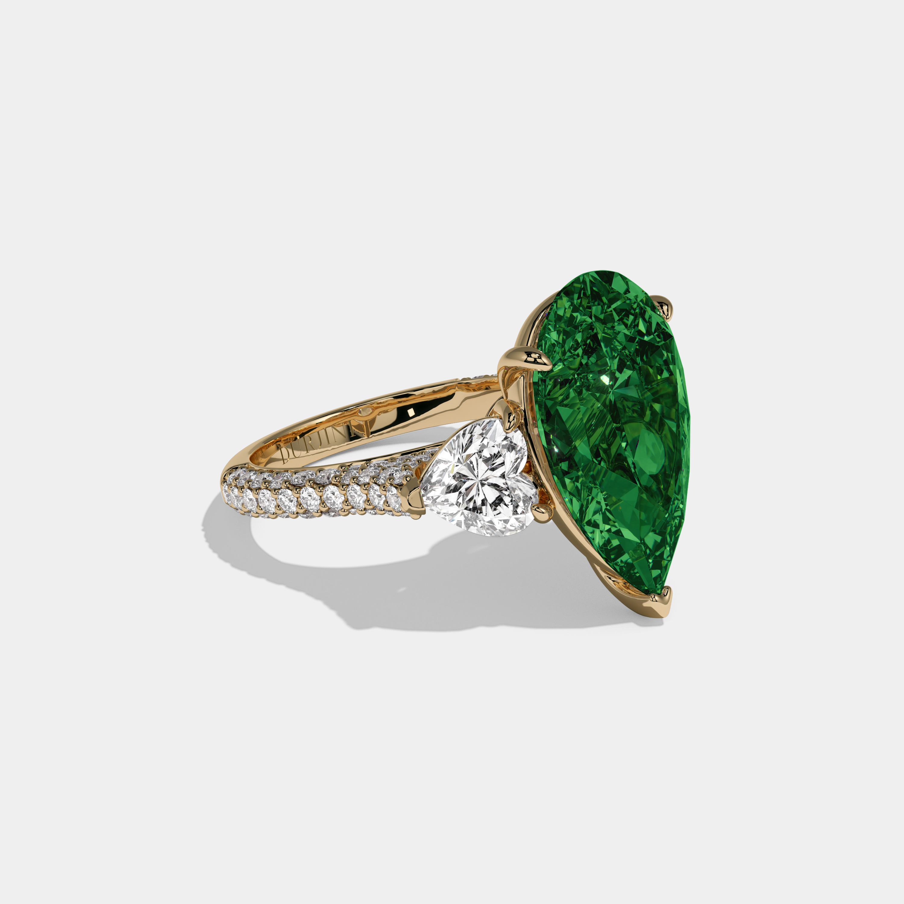 Adelaide Fancy Dark Green Pear Cut Diamond Band With Heart Cut Sides Engagement Ring 9ct 18K Yellow Gold