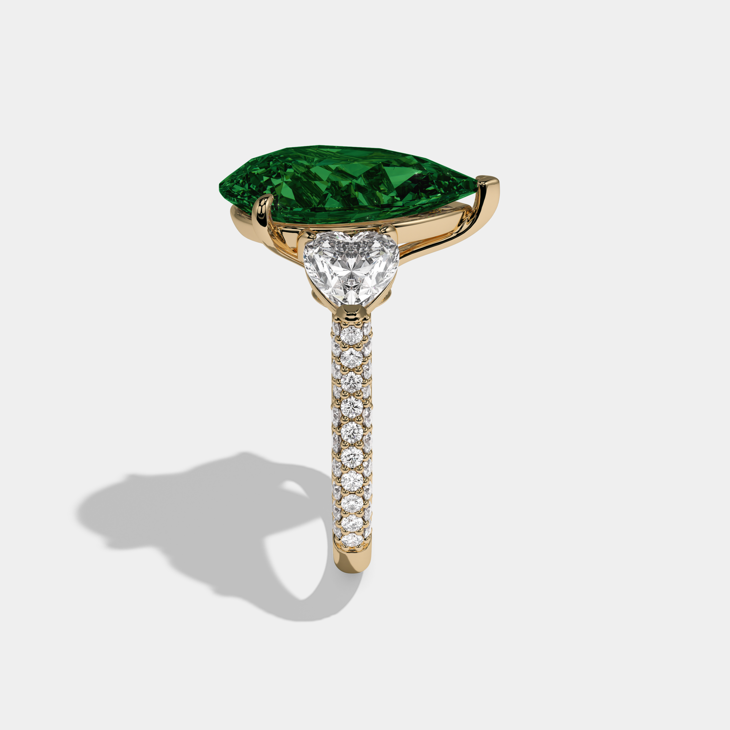 Adelaide Fancy Dark Green Pear Cut Diamond Band With Heart Cut Sides Engagement Ring 9ct 18K Yellow Gold