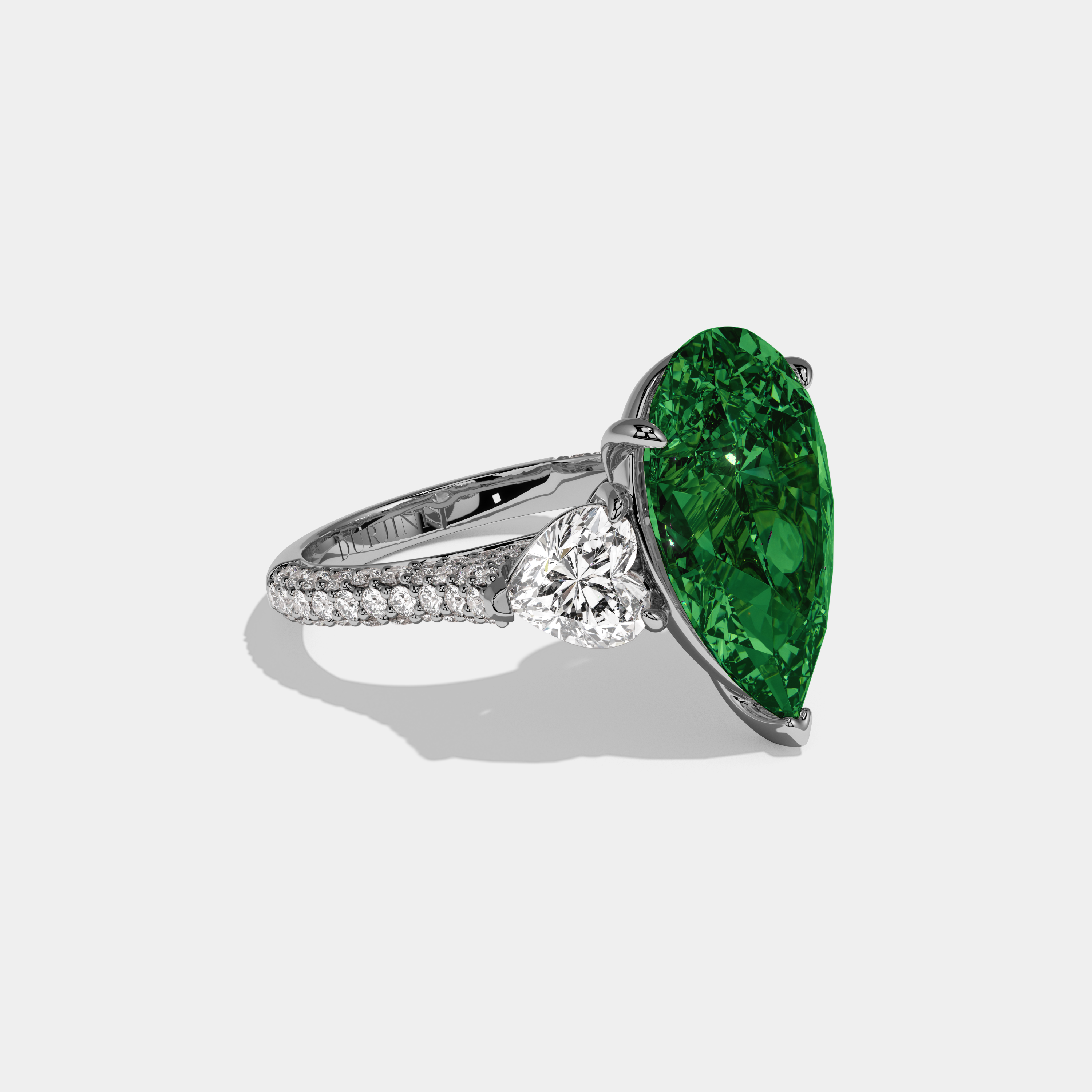 Eugenie Fancy Dark Green Pear Cut Diamond Band With Heart Cut Sides Engagement Ring 9ct 18K White Gold