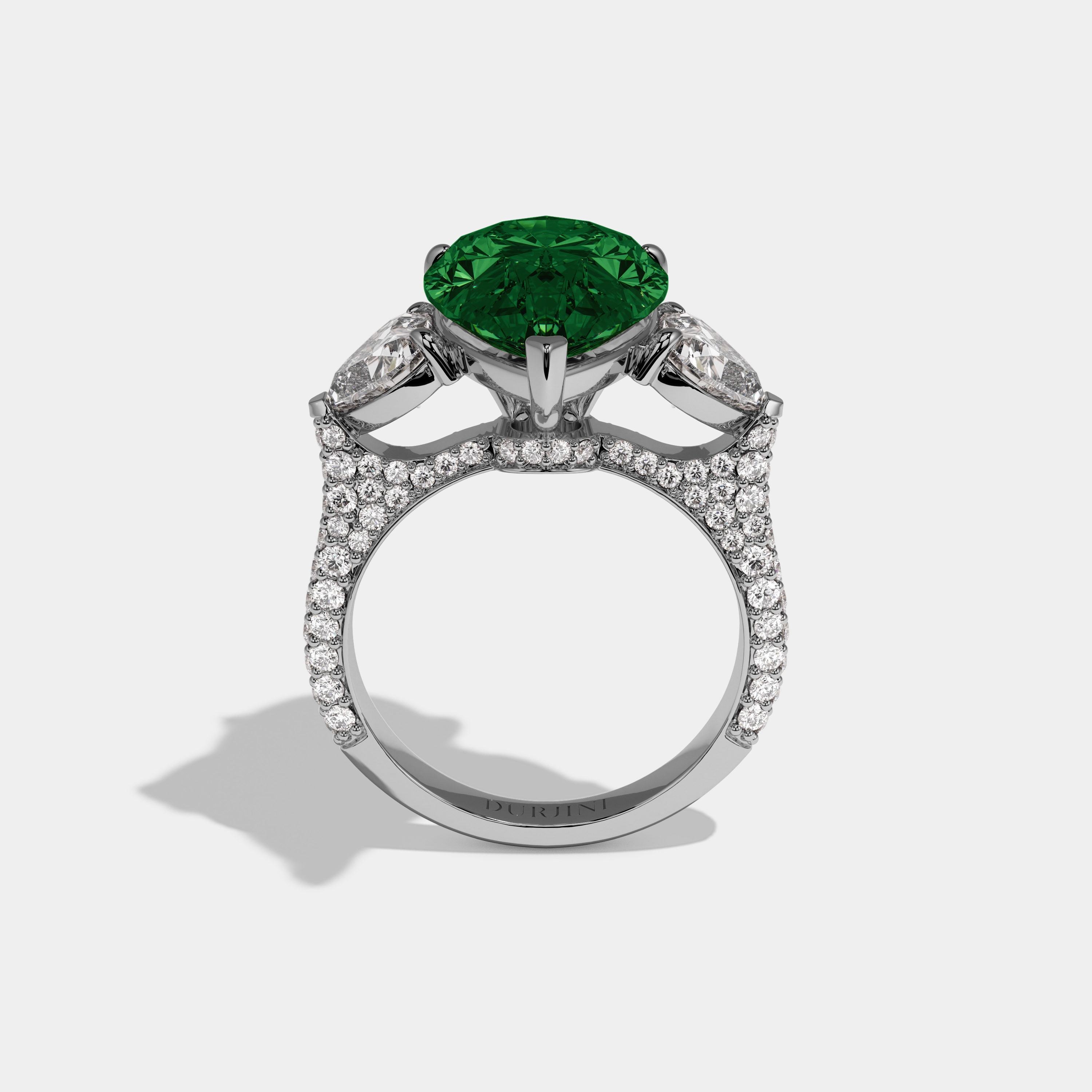 Eugenie Fancy Dark Green Pear Cut Diamond Band With Heart Cut Sides Engagement Ring 9ct 18K White Gold