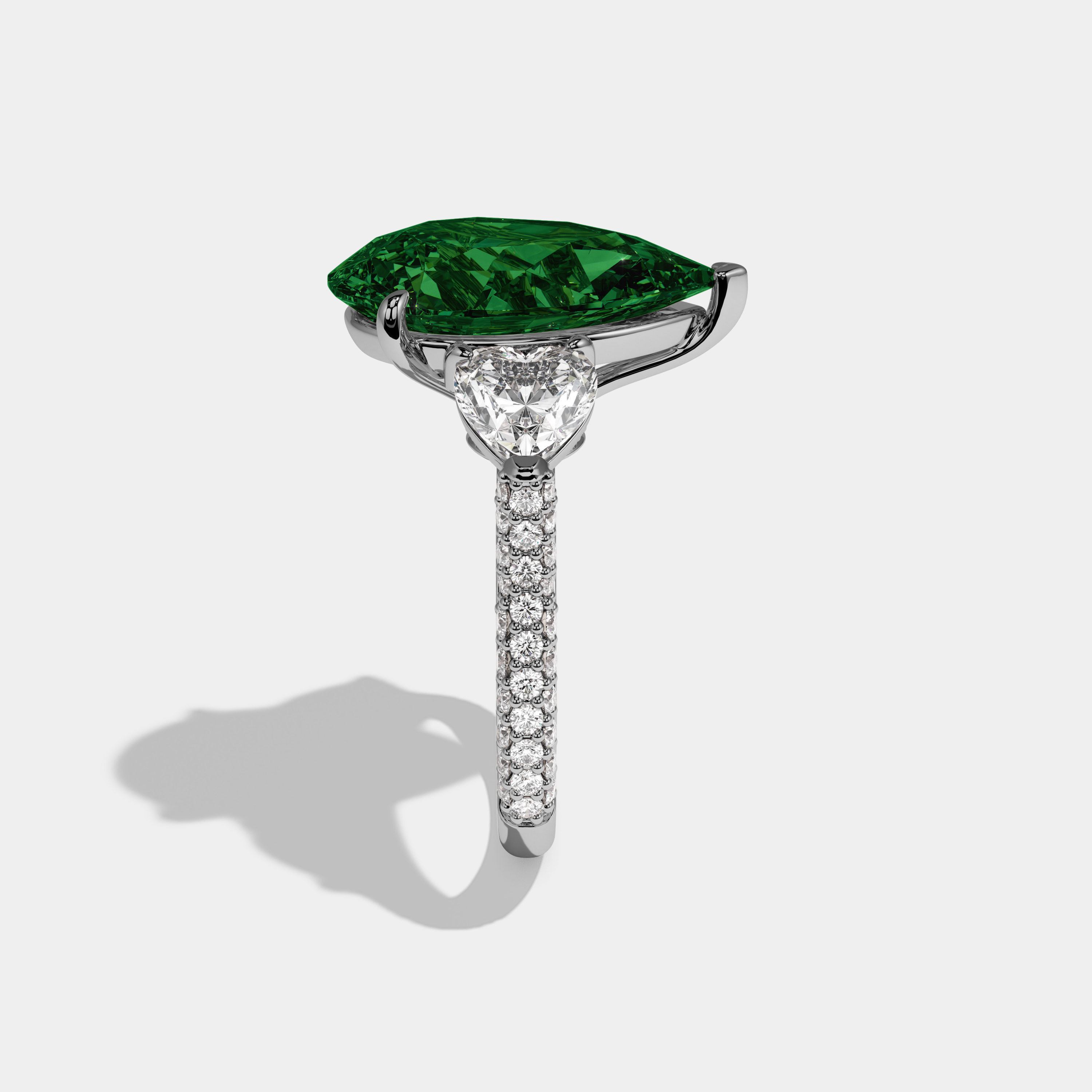 Eugenie Fancy Dark Green Pear Cut Diamond Band With Heart Cut Sides Engagement Ring 9ct 18K White Gold