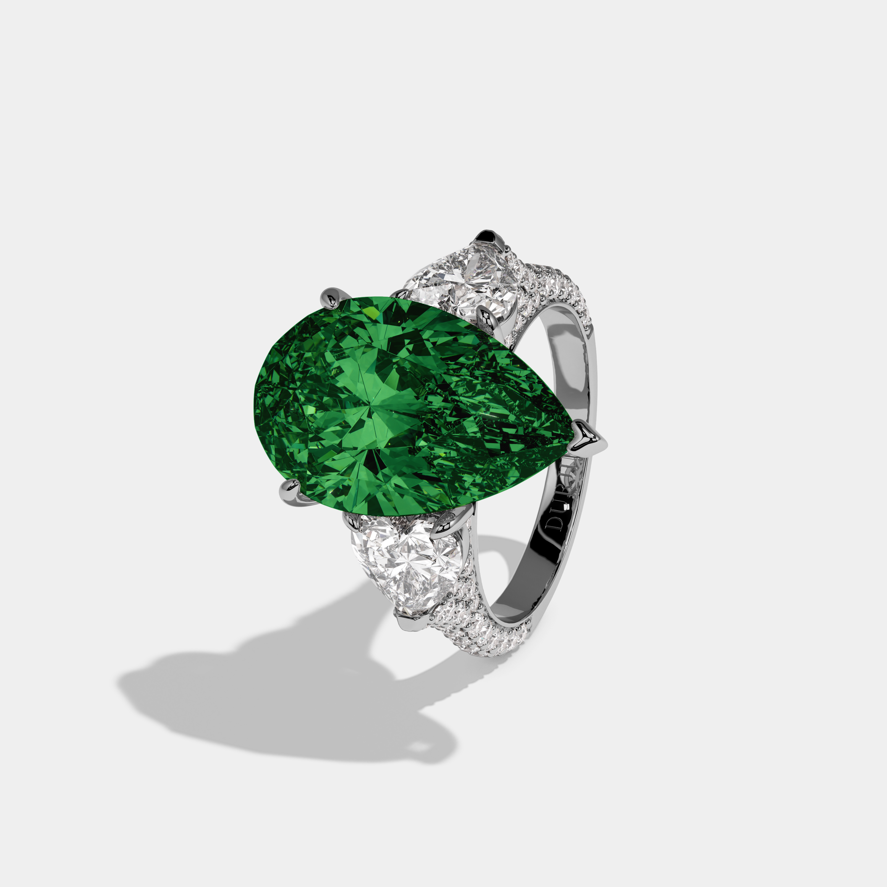 Eugenie Fancy Dark Green Pear Cut Diamond Band With Heart Cut Sides Engagement Ring 9ct 18K White Gold