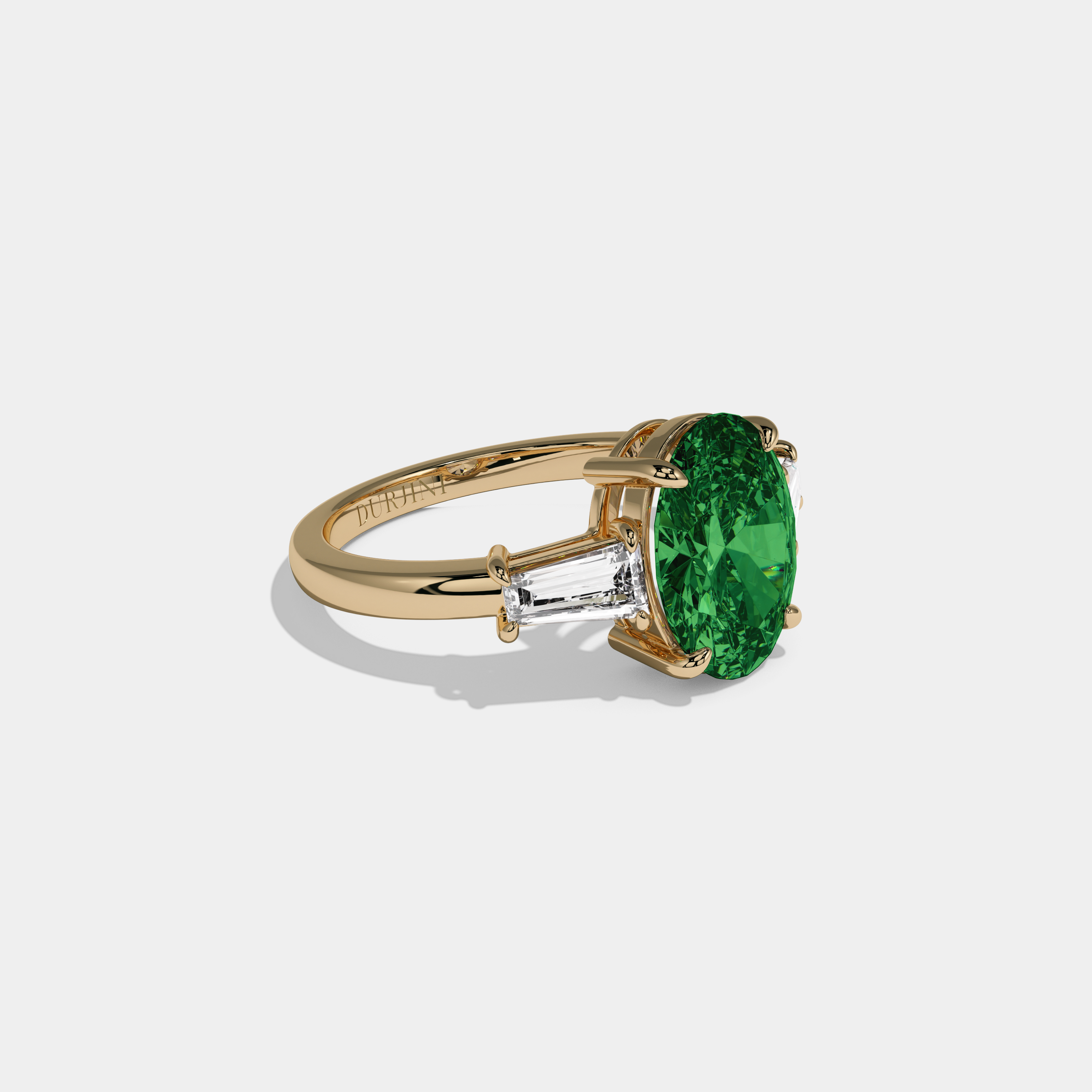 Helena Fancy Dark Green Oval Cut Diamond Plain Band Engagement Ring With Baguette Cut Sides 6ct 18K Yellow Gold