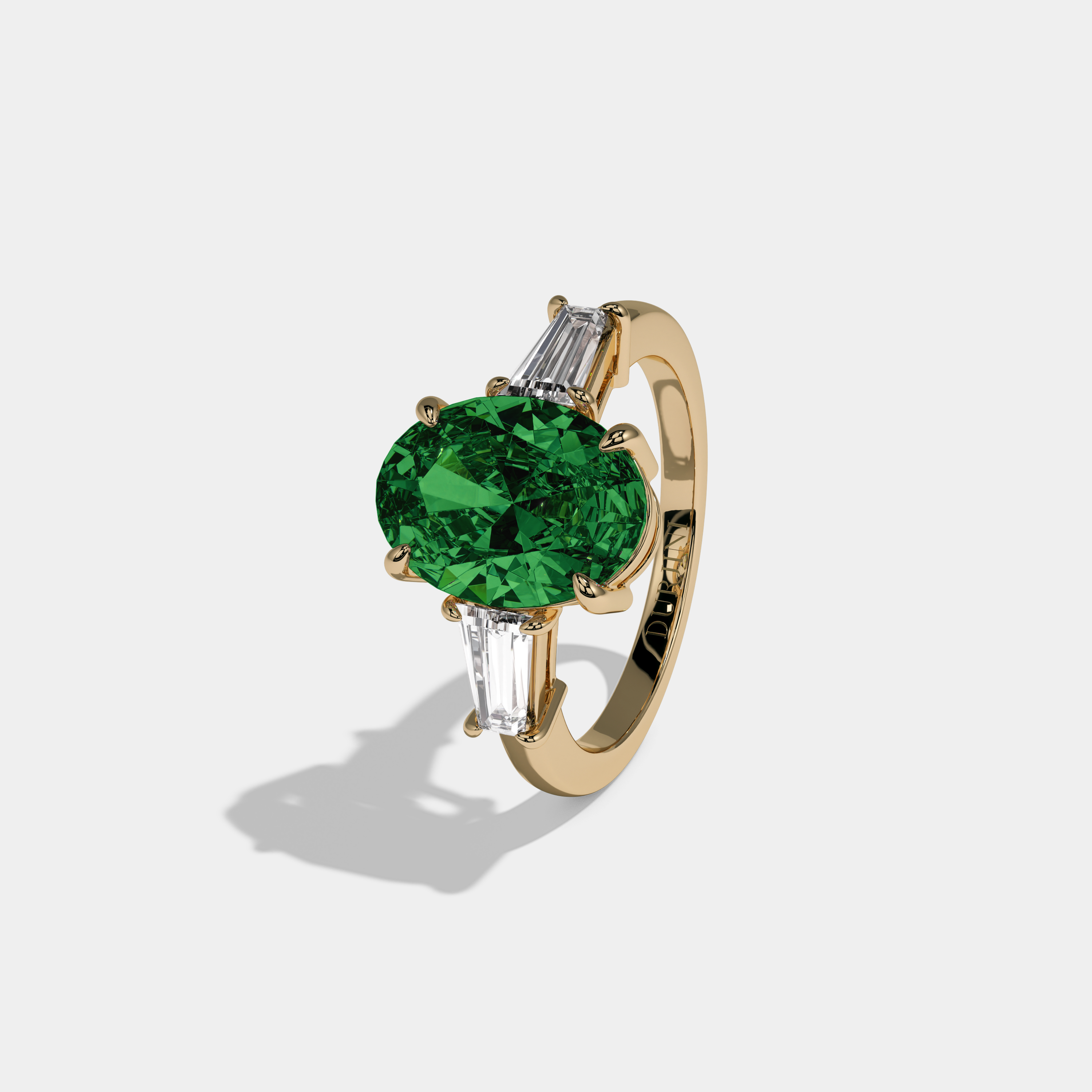 Helena Fancy Dark Green Oval Cut Diamond Plain Band Engagement Ring With Baguette Cut Sides 6ct 18K Yellow Gold