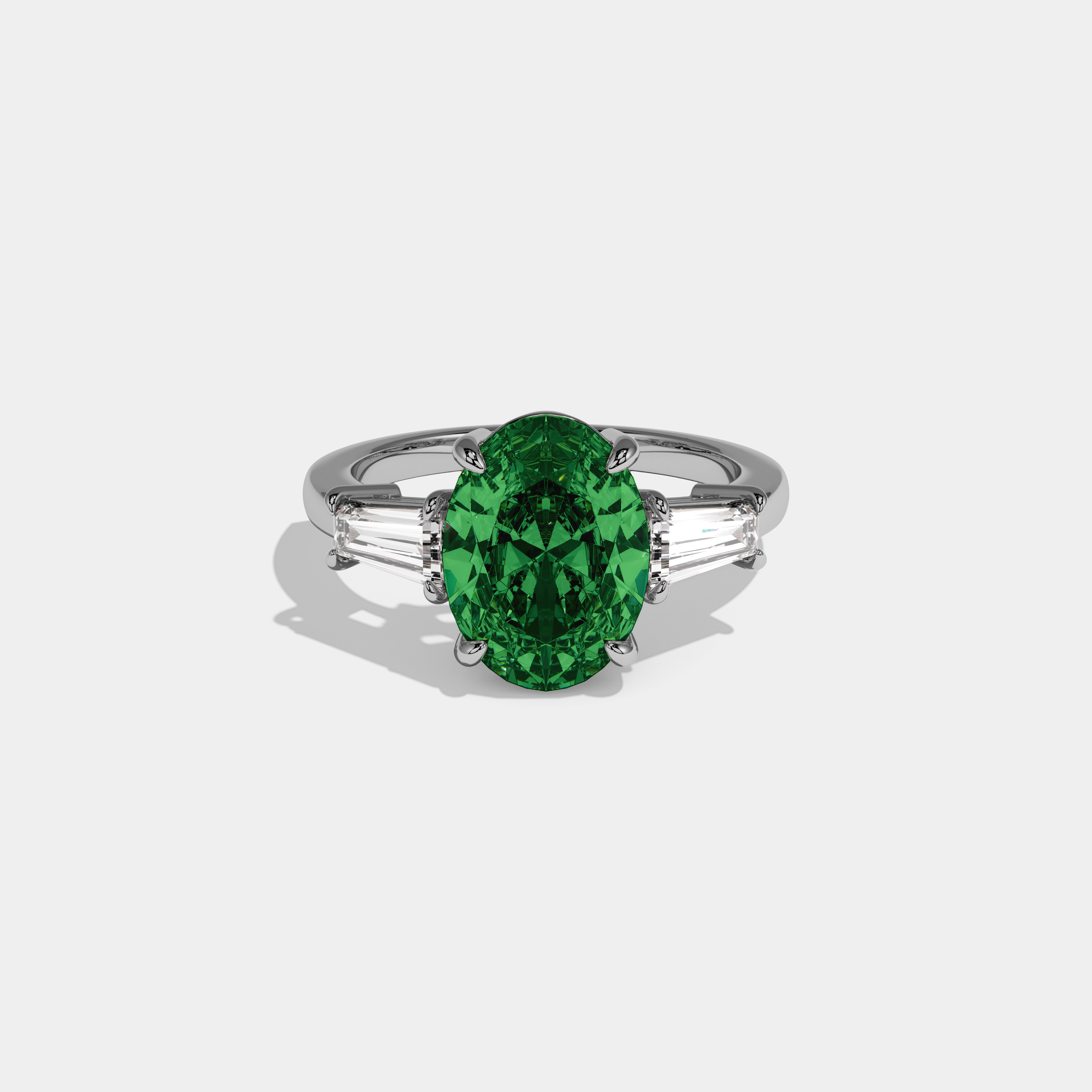 Alexandra Fancy Dark Green Oval Cut Diamond Plain Band Engagement Ring With Baguette Cut Sides 6ct 18K White Gold