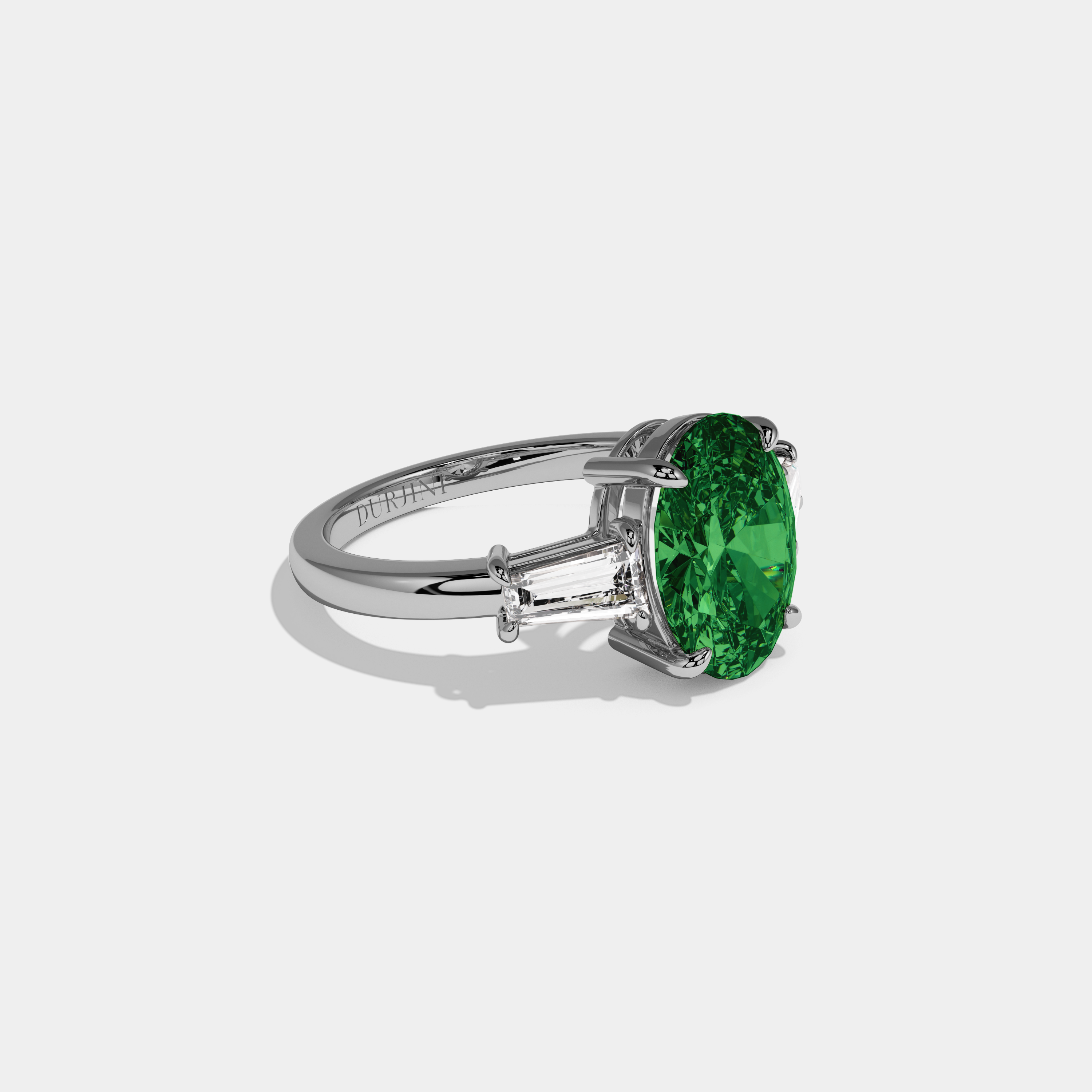 Alexandra Fancy Dark Green Oval Cut Diamond Plain Band Engagement Ring With Baguette Cut Sides 6ct 18K White Gold