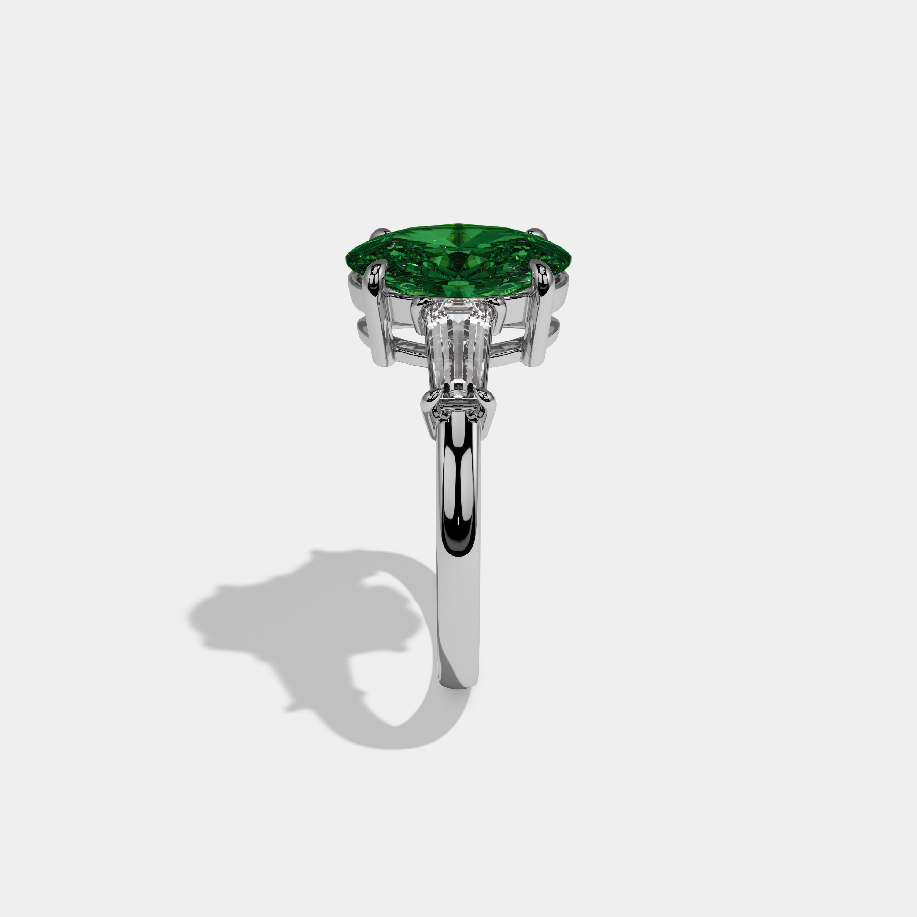 Alexandra Fancy Dark Green Oval Cut Diamond Plain Band Engagement Ring With Baguette Cut Sides 6ct 18K White Gold