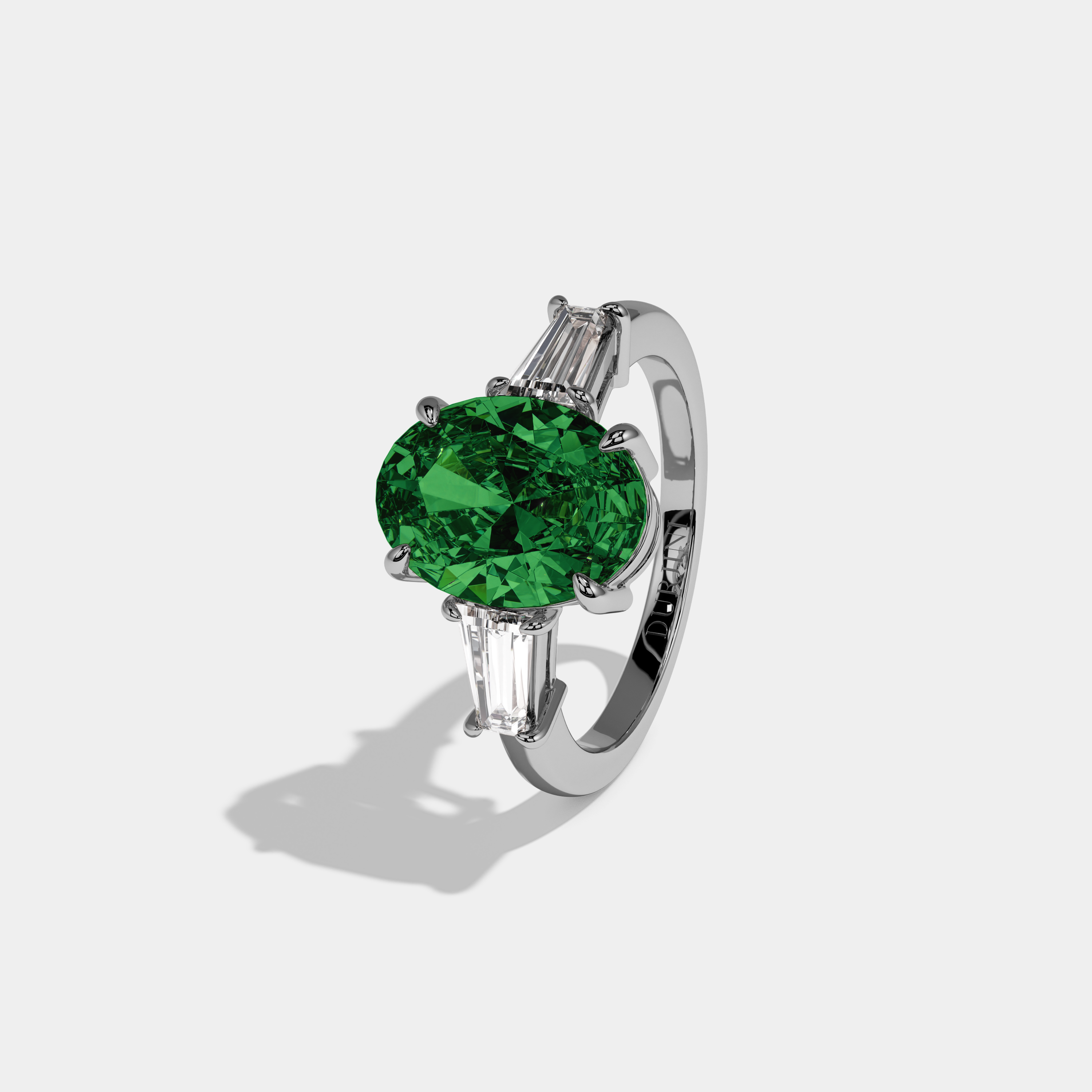 Alexandra Fancy Dark Green Oval Cut Diamond Plain Band Engagement Ring With Baguette Cut Sides 6ct 18K White Gold