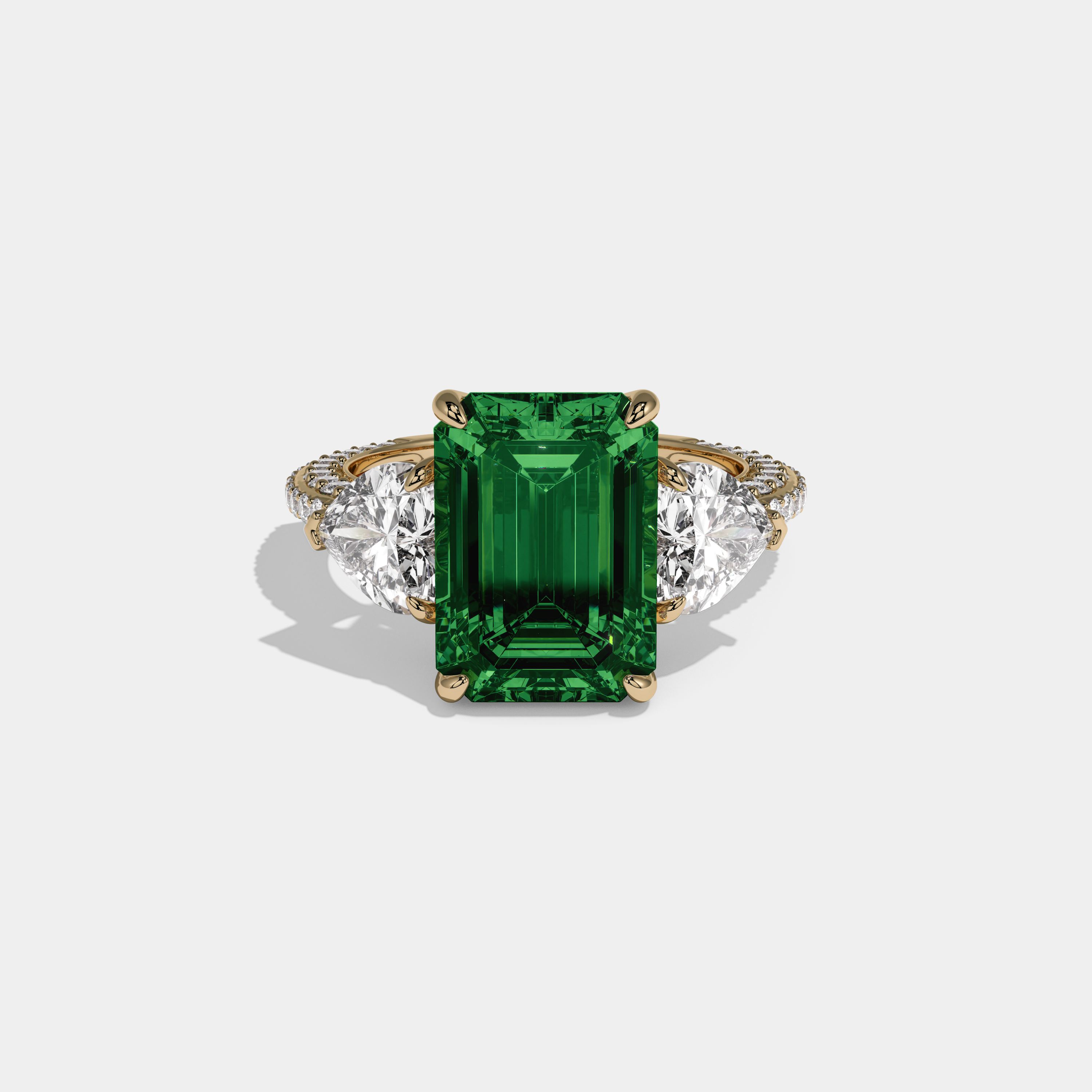 Helena Fancy Dark Green Emerald Cut Diamond Band With Heart Cut Sides Engagement Ring 8ct 18K Yellow Gold