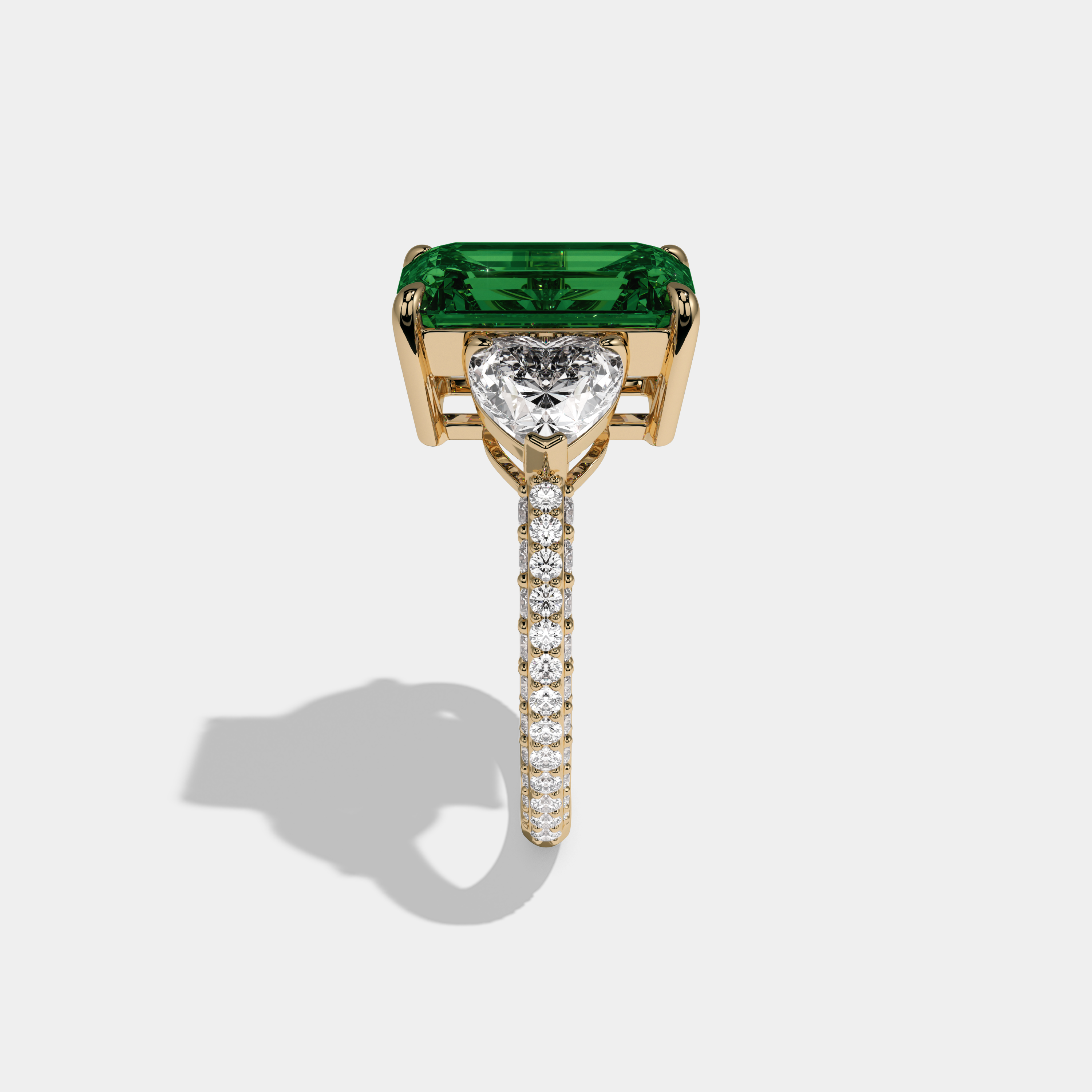 Helena Fancy Dark Green Emerald Cut Diamond Band With Heart Cut Sides Engagement Ring 8ct 18K Yellow Gold