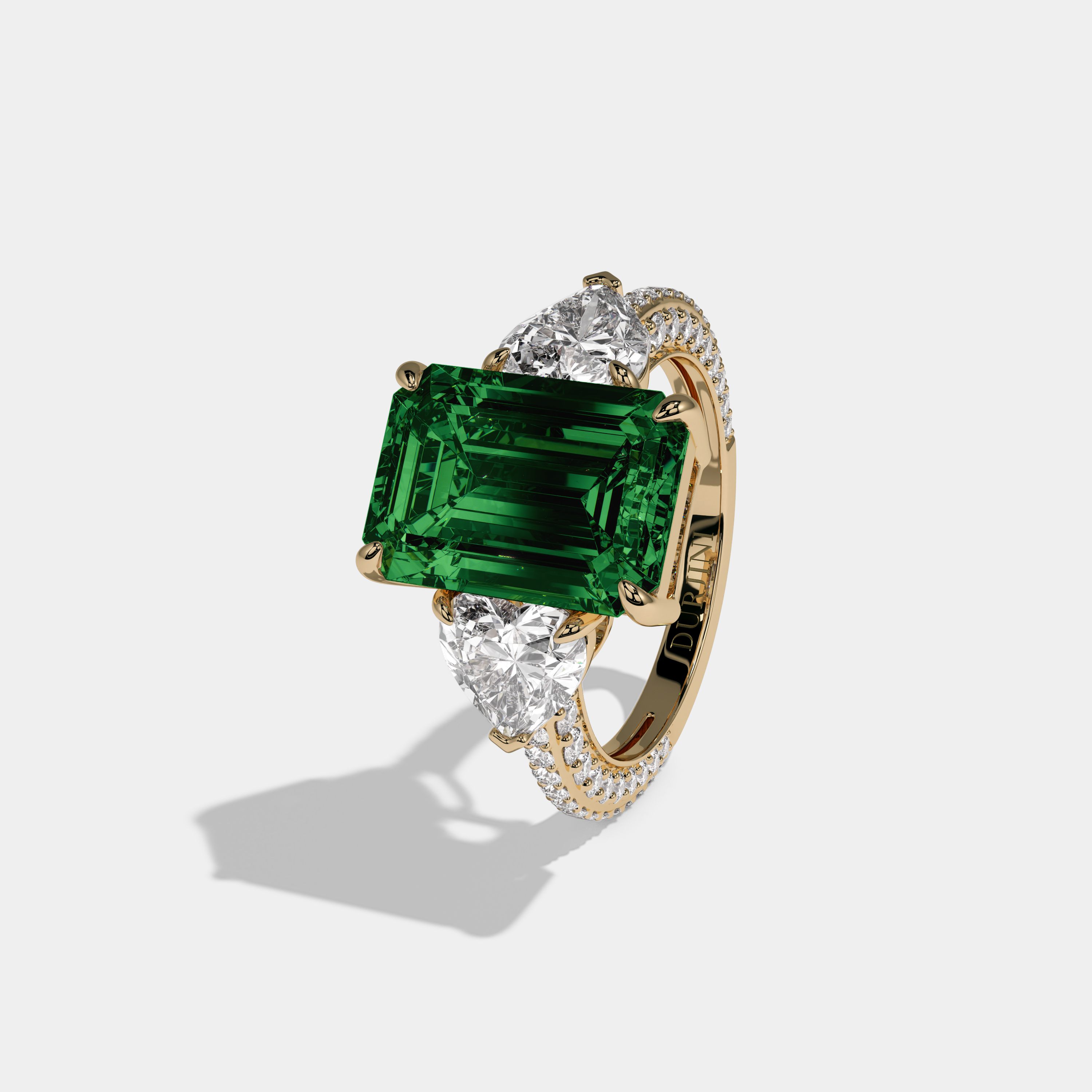 Helena Fancy Dark Green Emerald Cut Diamond Band With Heart Cut Sides Engagement Ring 8ct 18K Yellow Gold
