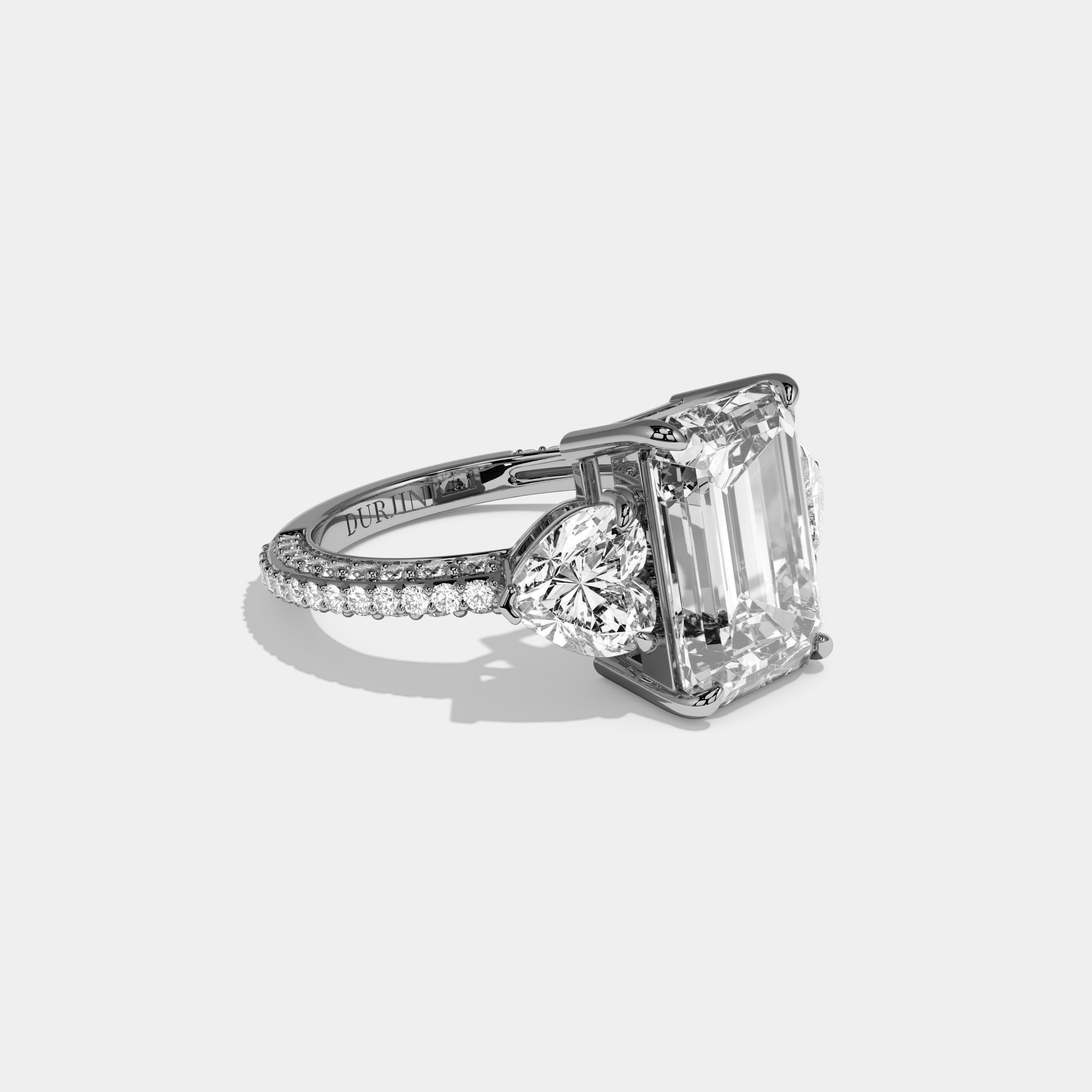 Violetta Emerald Cut Diamond Halo Band With Twin Heart Sides Engagement Ring 10ct 18k White Gold