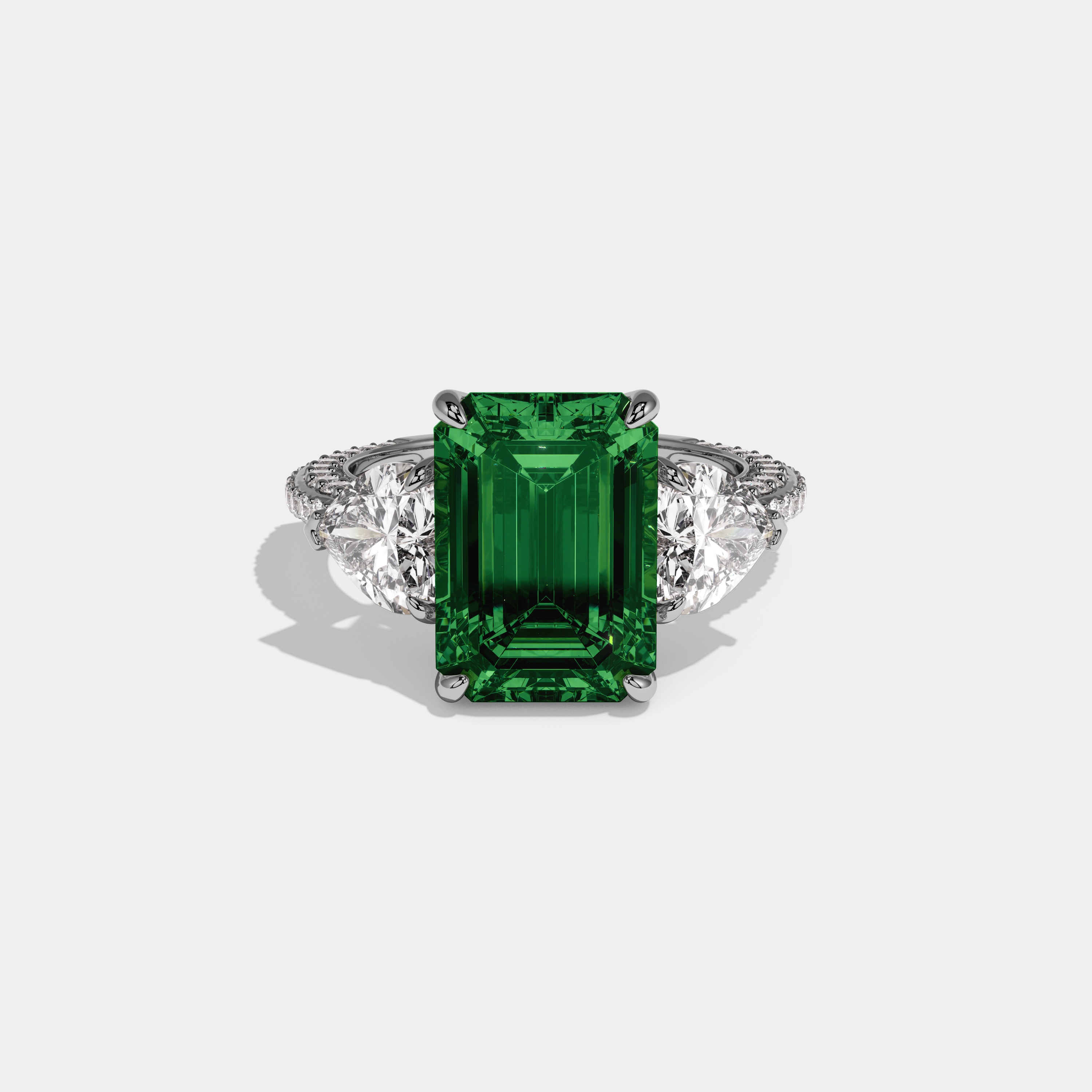 Alexandra Fancy Dark Green Emerald Cut Diamond Band With Heart Cut Sides Engagement Ring 8ct 18K White Gold