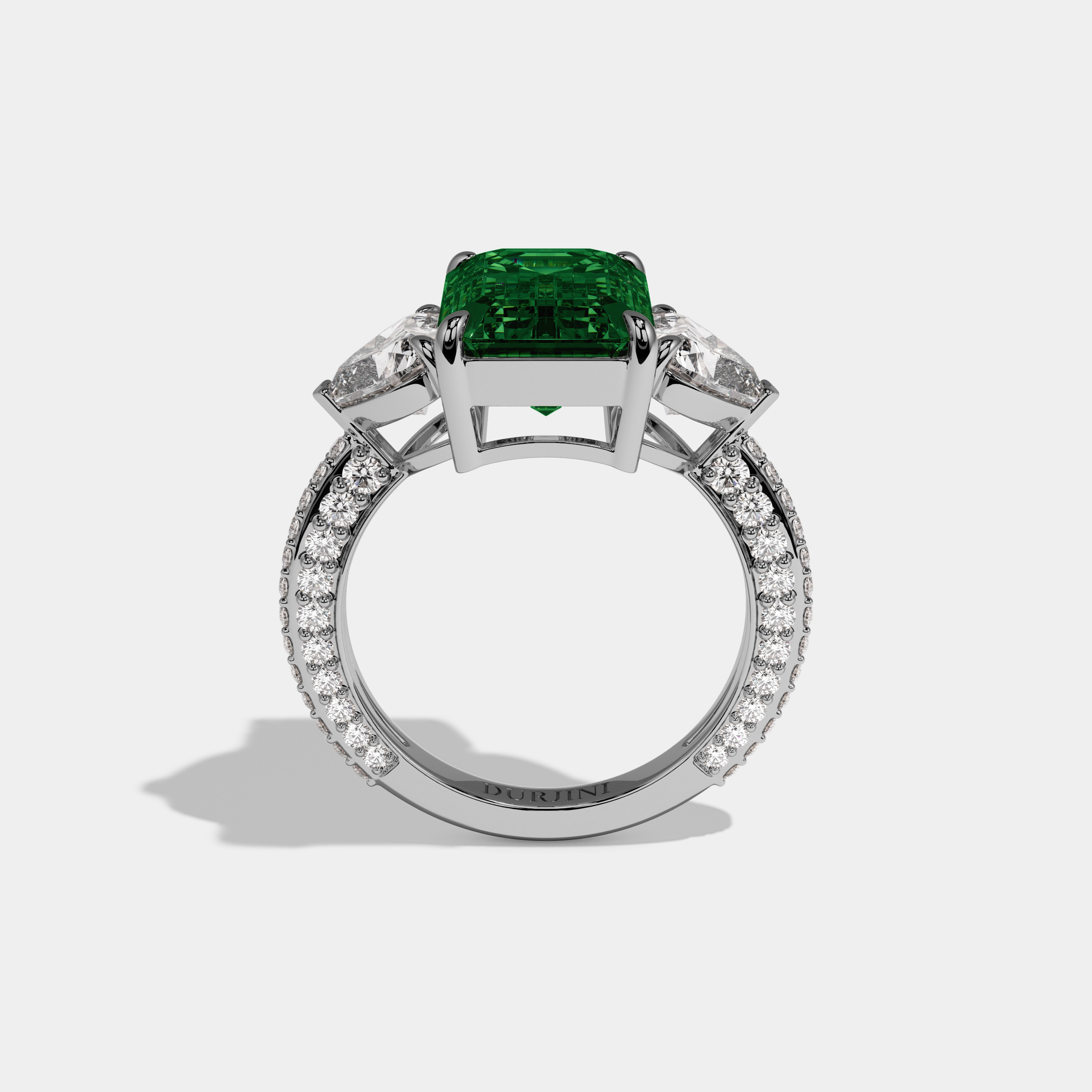 Alexandra Fancy Dark Green Emerald Cut Diamond Band With Heart Cut Sides Engagement Ring 8ct 18K White Gold