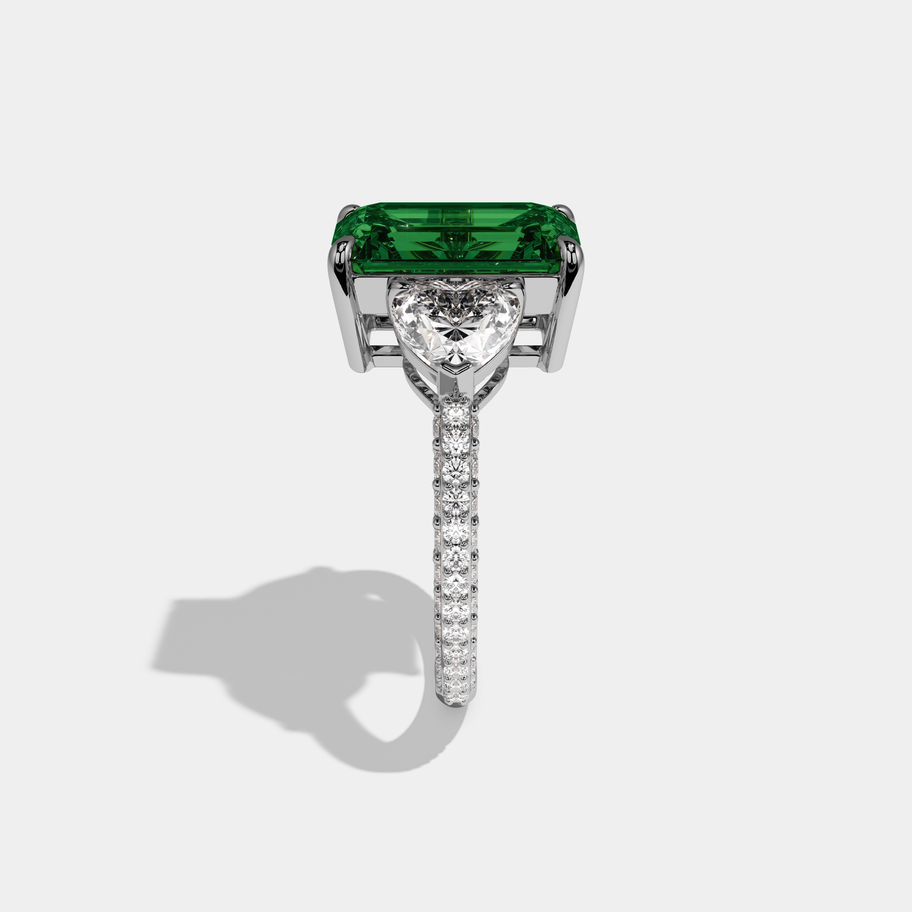 Alexandra Fancy Dark Green Emerald Cut Diamond Band With Heart Cut Sides Engagement Ring 8ct 18K White Gold