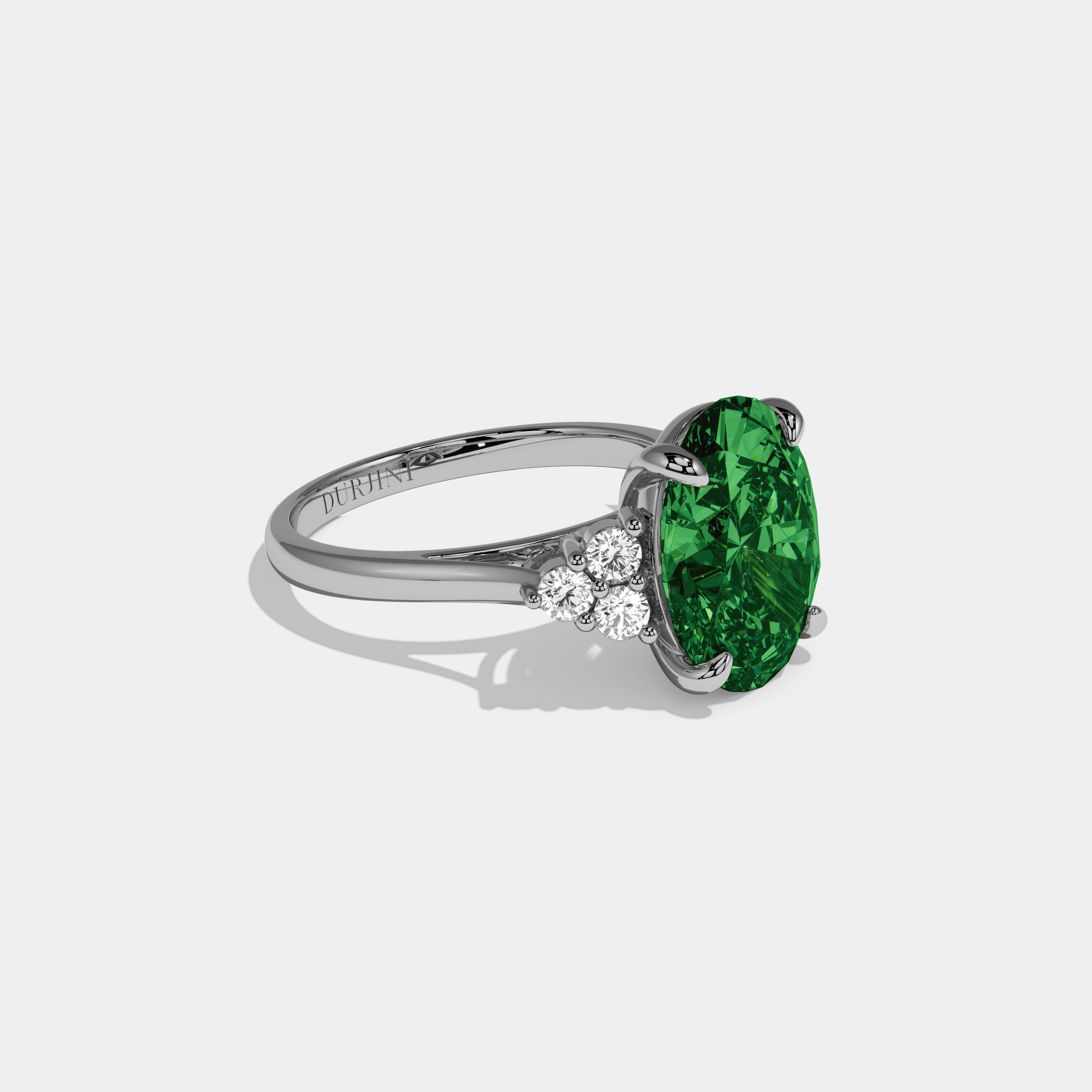 Catherine Fancy Dark Green Oval Cut Diamond Plain Band Engagement Ring With Round Sides 6ct 18K White Gold