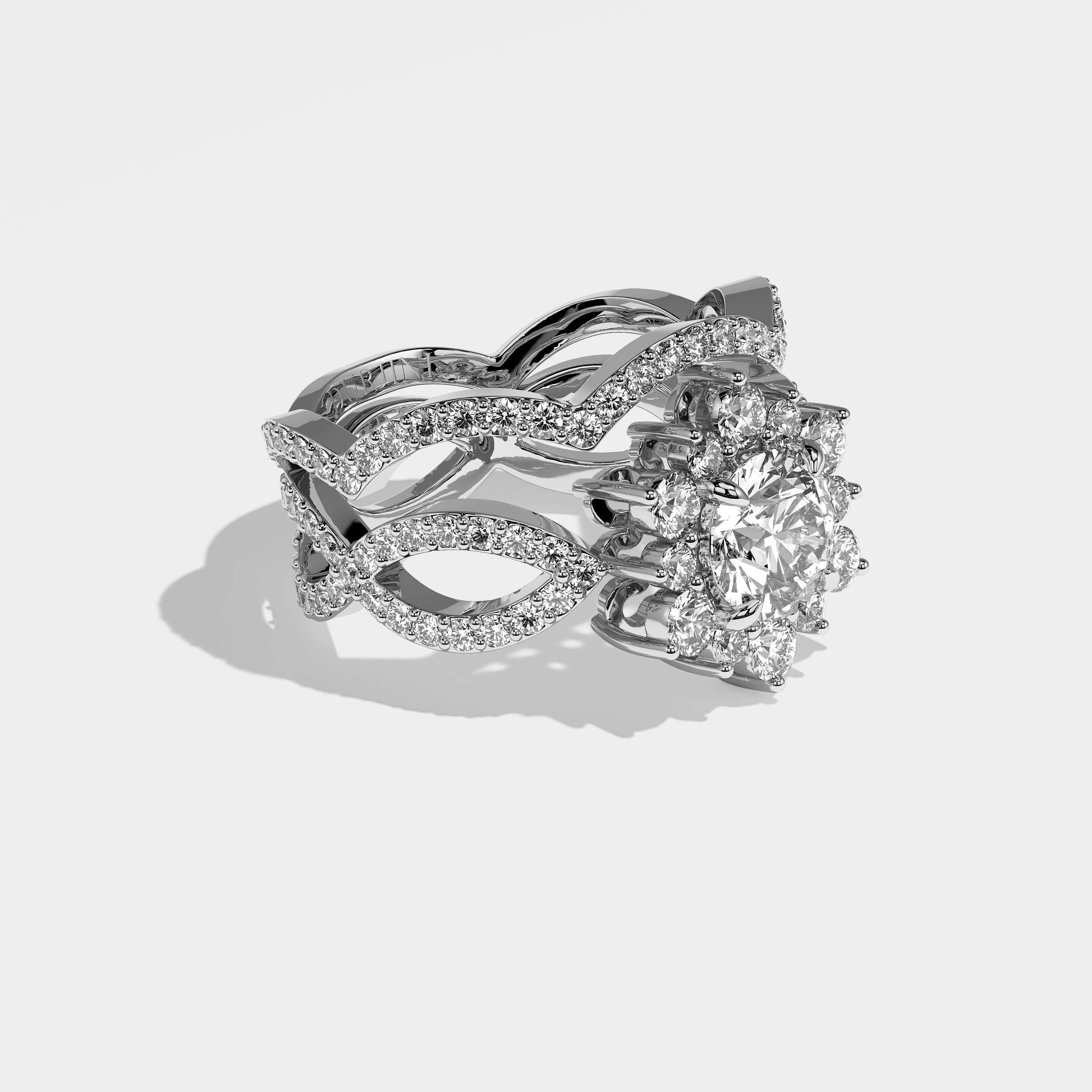 Sunny round brilliant halo diamond engagement ring set in 18K white gold by Kurbãni Durjini, right view