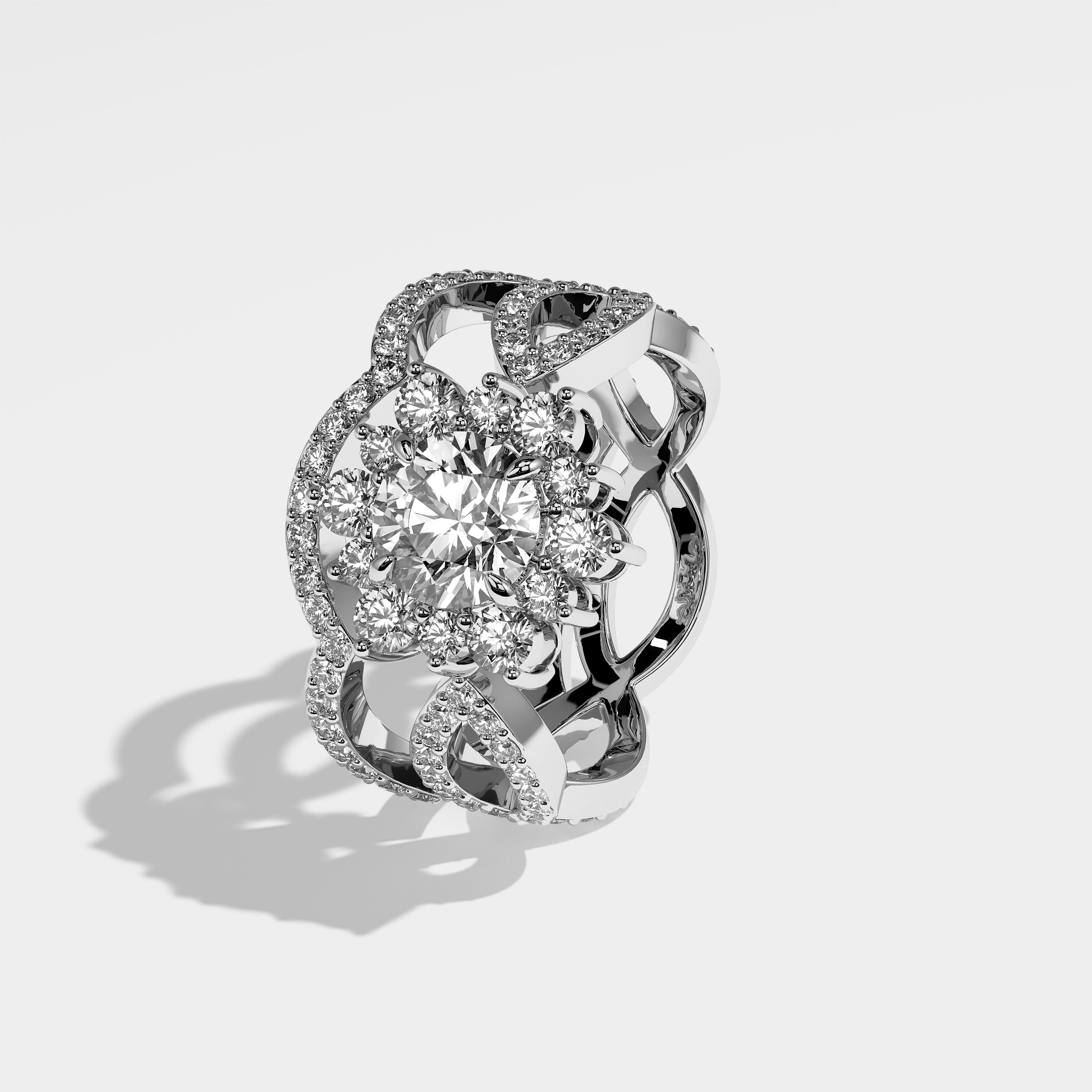 Sunny round brilliant halo diamond engagement ring set in 18K white gold by Kurbãni Durjini, left view