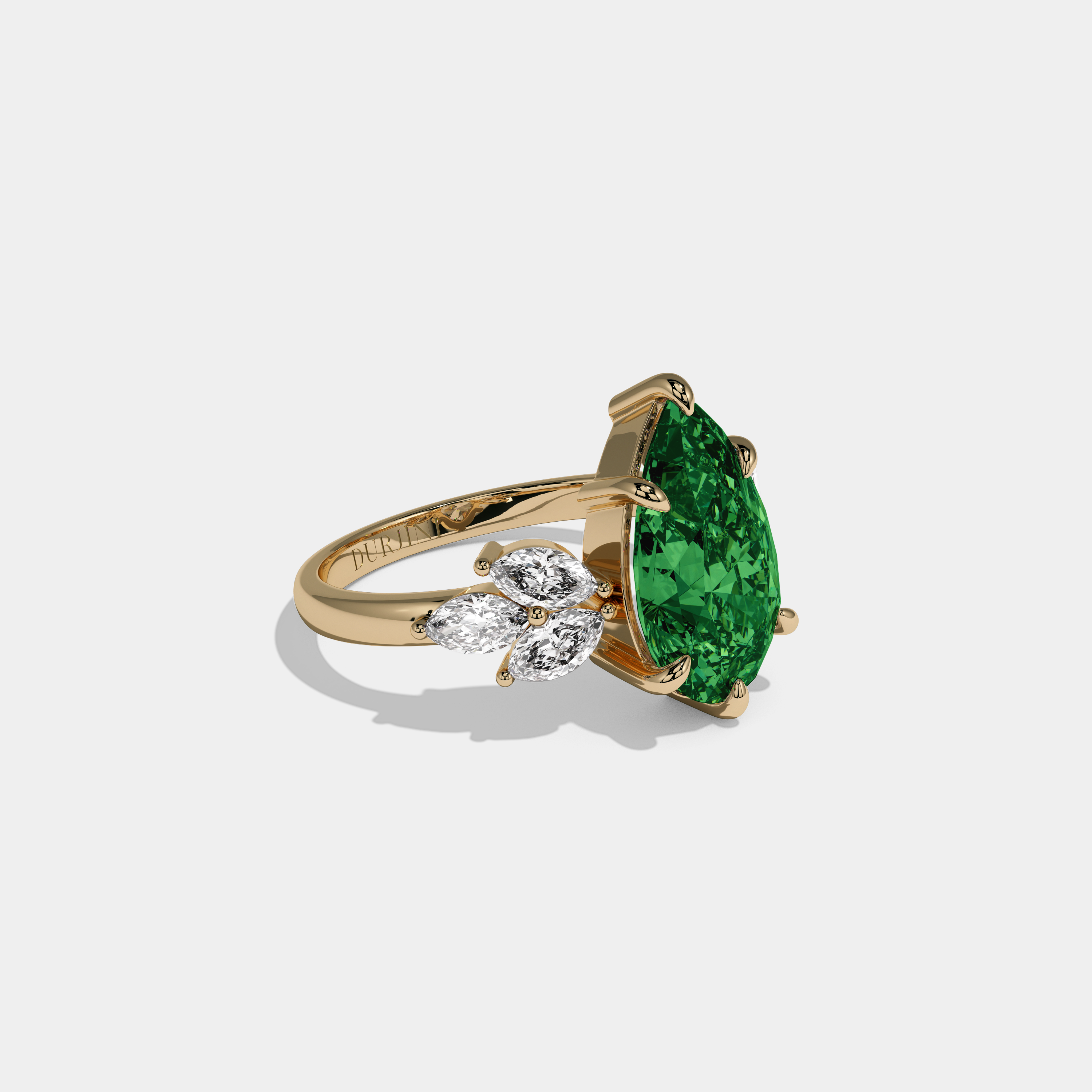 Adelaide Fancy Dark Green Pear Cut Diamond Plain Band With Marquise Cut Sides Engagement Ring 7ct 18K Yellow Gold