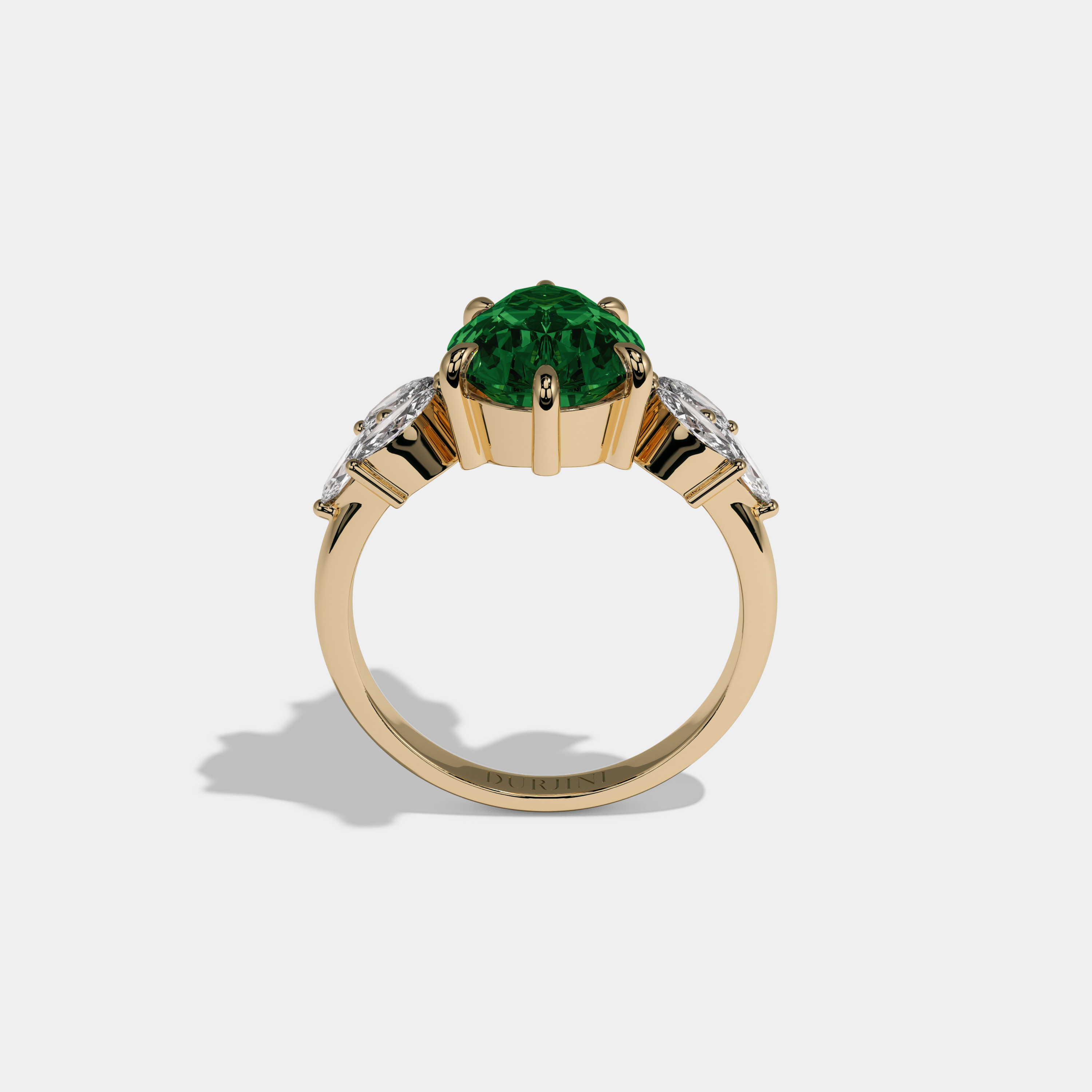Adelaide Fancy Dark Green Pear Cut Diamond Plain Band With Marquise Cut Sides Engagement Ring 7ct 18K Yellow Gold