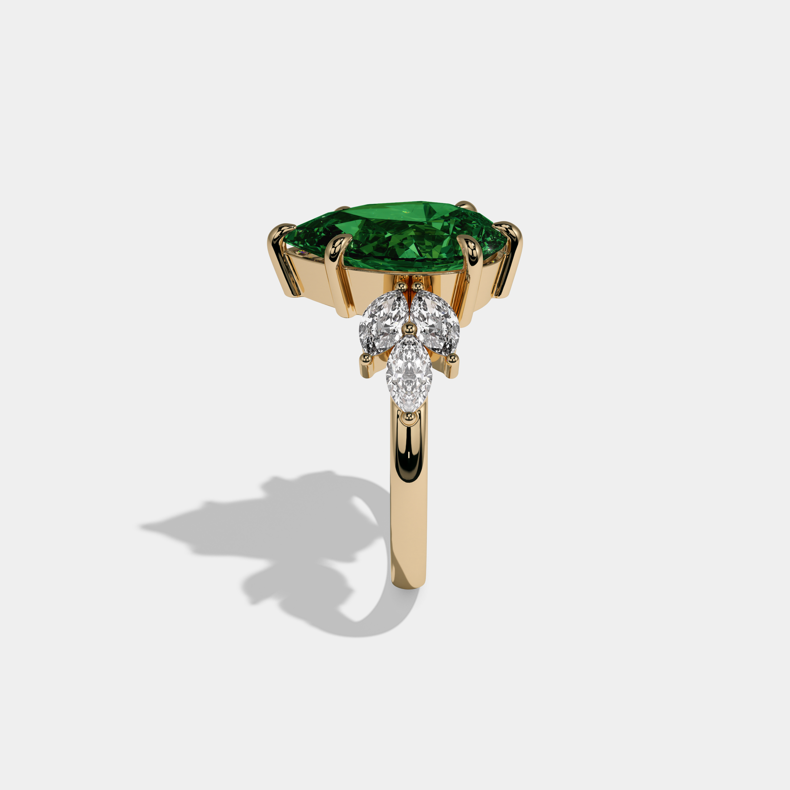 Adelaide Fancy Dark Green Pear Cut Diamond Plain Band With Marquise Cut Sides Engagement Ring 7ct 18K Yellow Gold