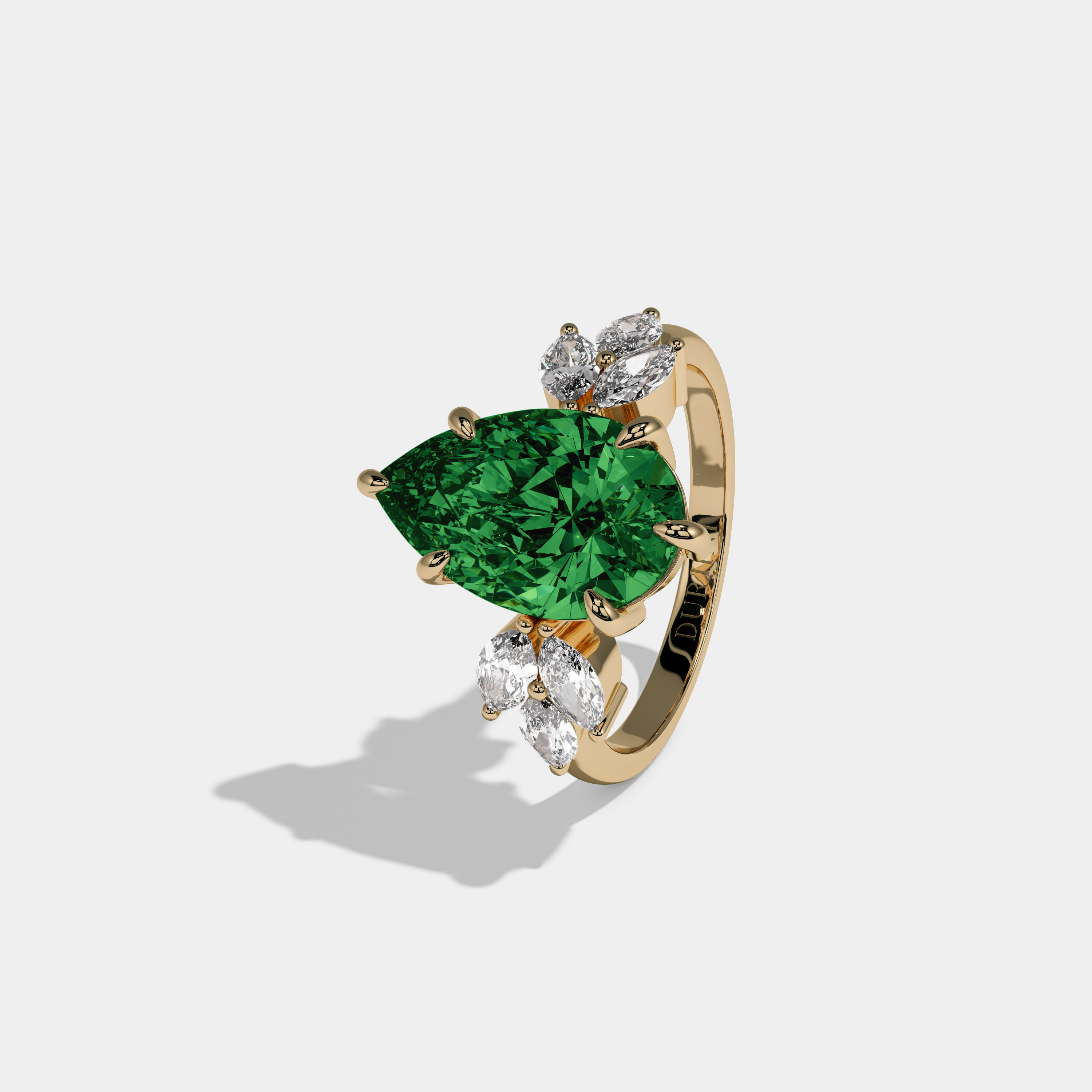 Adelaide Fancy Dark Green Pear Cut Diamond Plain Band With Marquise Cut Sides Engagement Ring 7ct 18K Yellow Gold