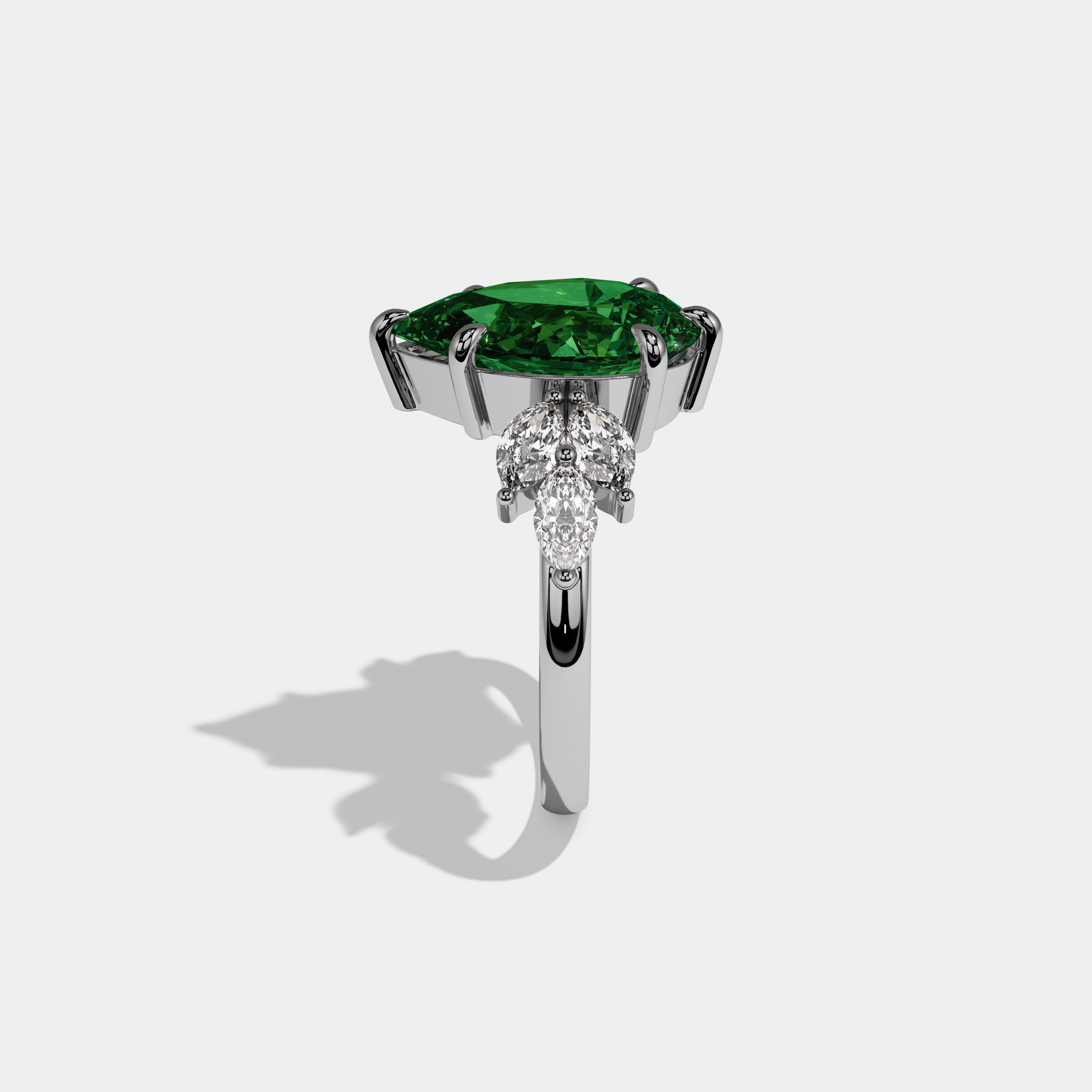 Eugenie Fancy Dark Green Pear Cut Diamond Plain Band With Marquise Cut Sides Engagement Ring 7ct 18K White Gold