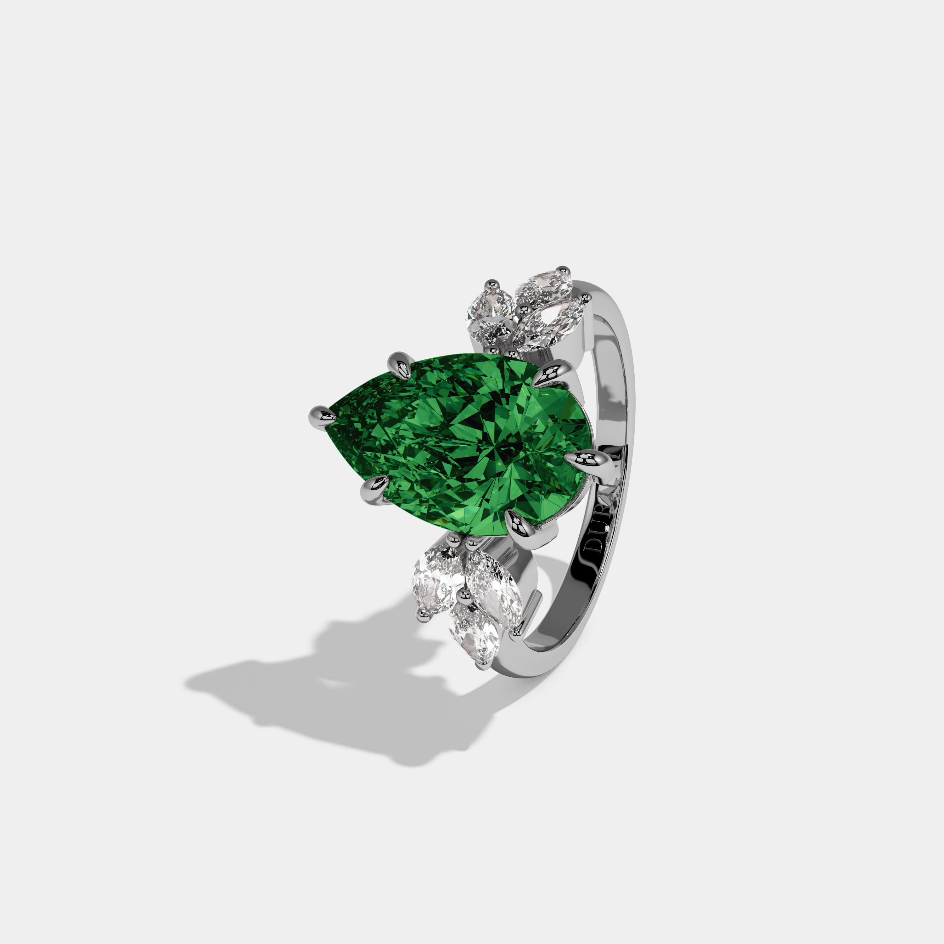Eugenie Fancy Dark Green Pear Cut Diamond Plain Band With Marquise Cut Sides Engagement Ring 7ct 18K White Gold