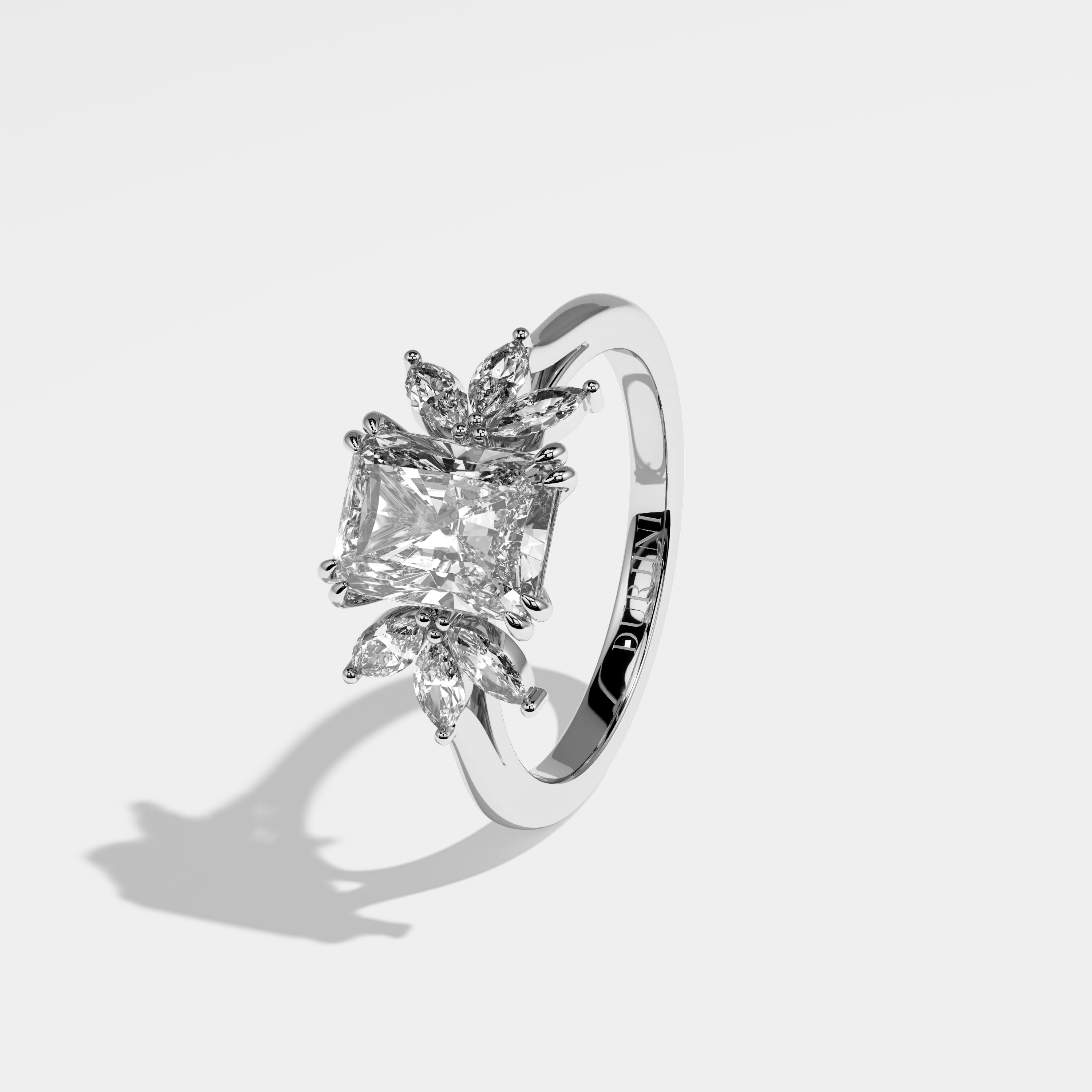 Ocean radiant diamond engagement ring in 18K white gold by Kurbãni Durjini, left view