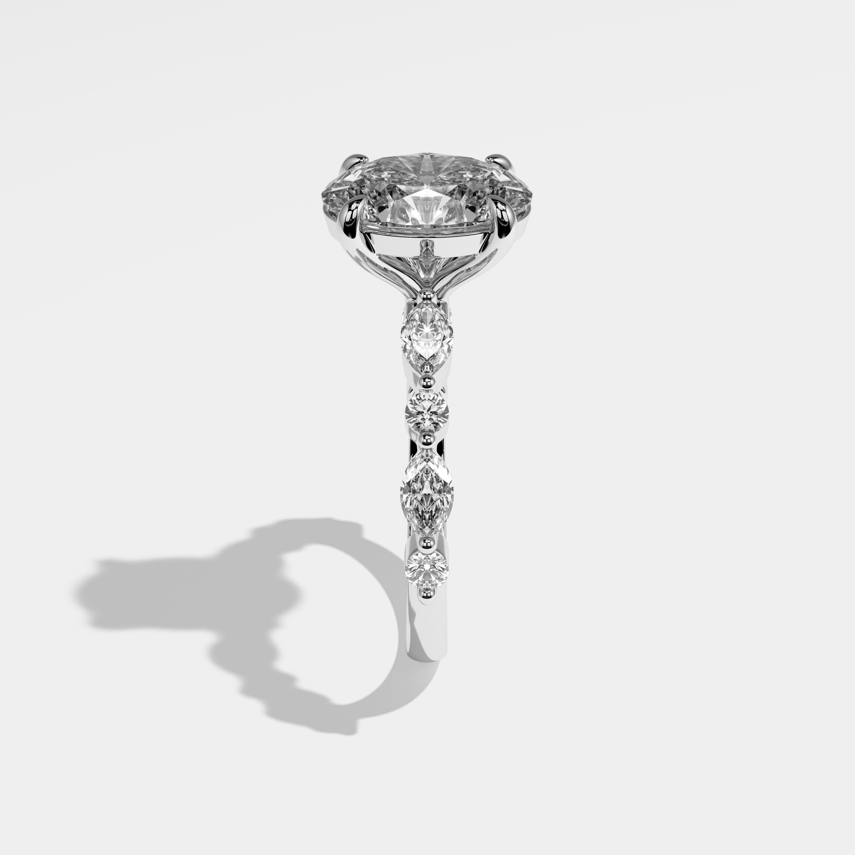 Unity oval diamond engagement ring in 18K white gold by Kurbãni Durjini, side view