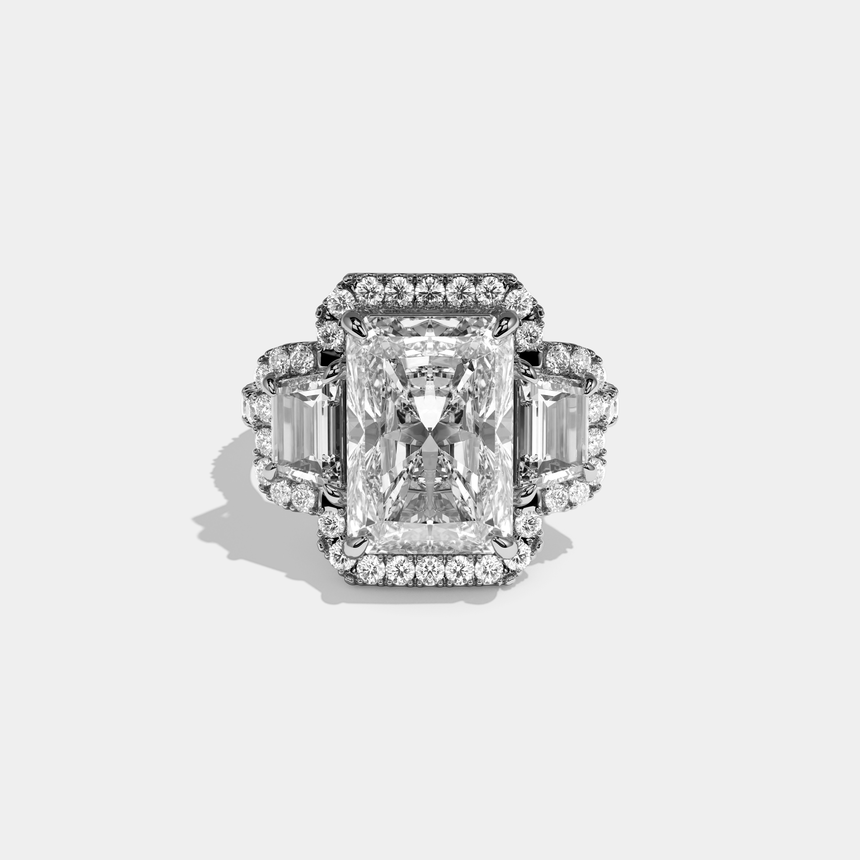Madison Radiant Cut Diamond Halo With Step Cut Trapezoid Side Diamond Band Engagement Ring 10ct 18K White Gold