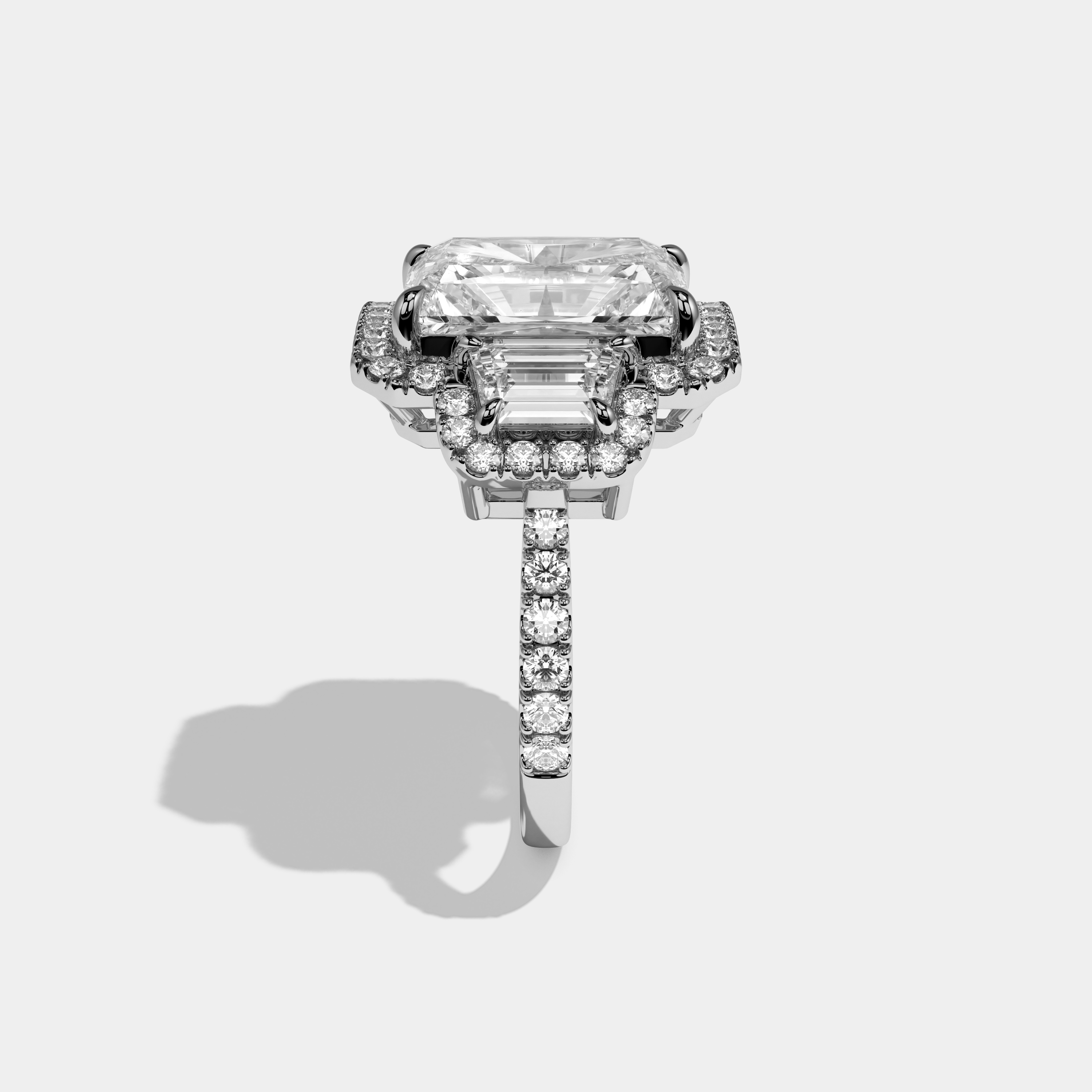 Madison Radiant Cut Diamond Halo With Step Cut Trapezoid Side Diamond Band Engagement Ring 10ct 18K White Gold