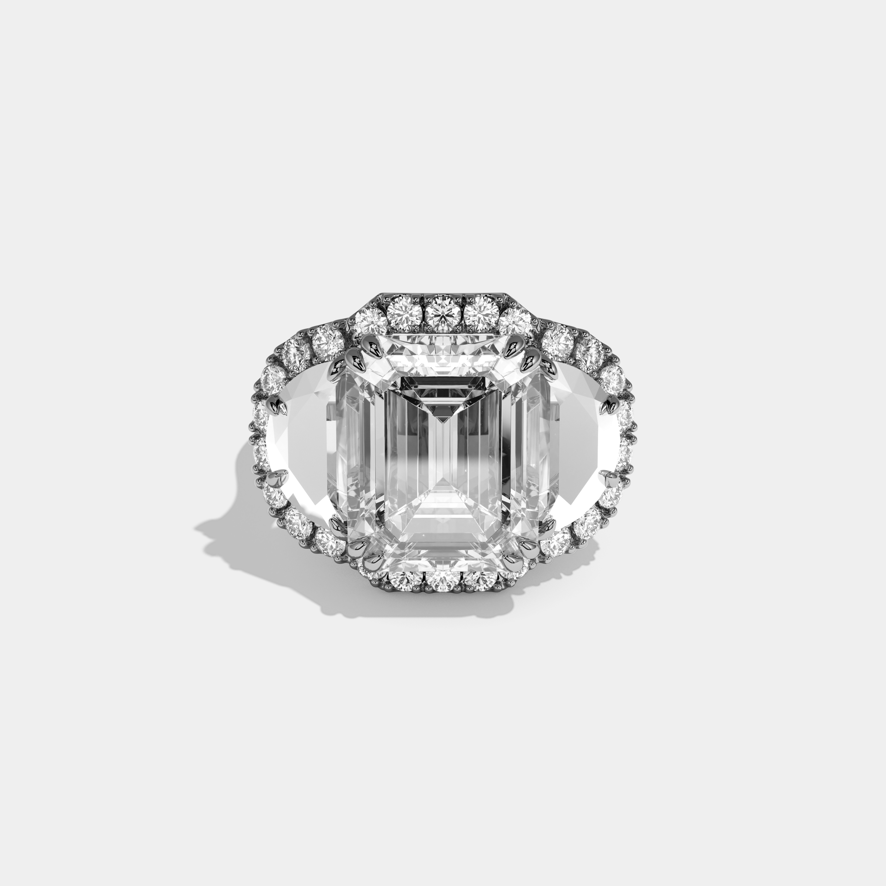 Annabel Emerald Cut Diamond With Half Moon Halo Band Engagement Ring 10ct 18k White Gold