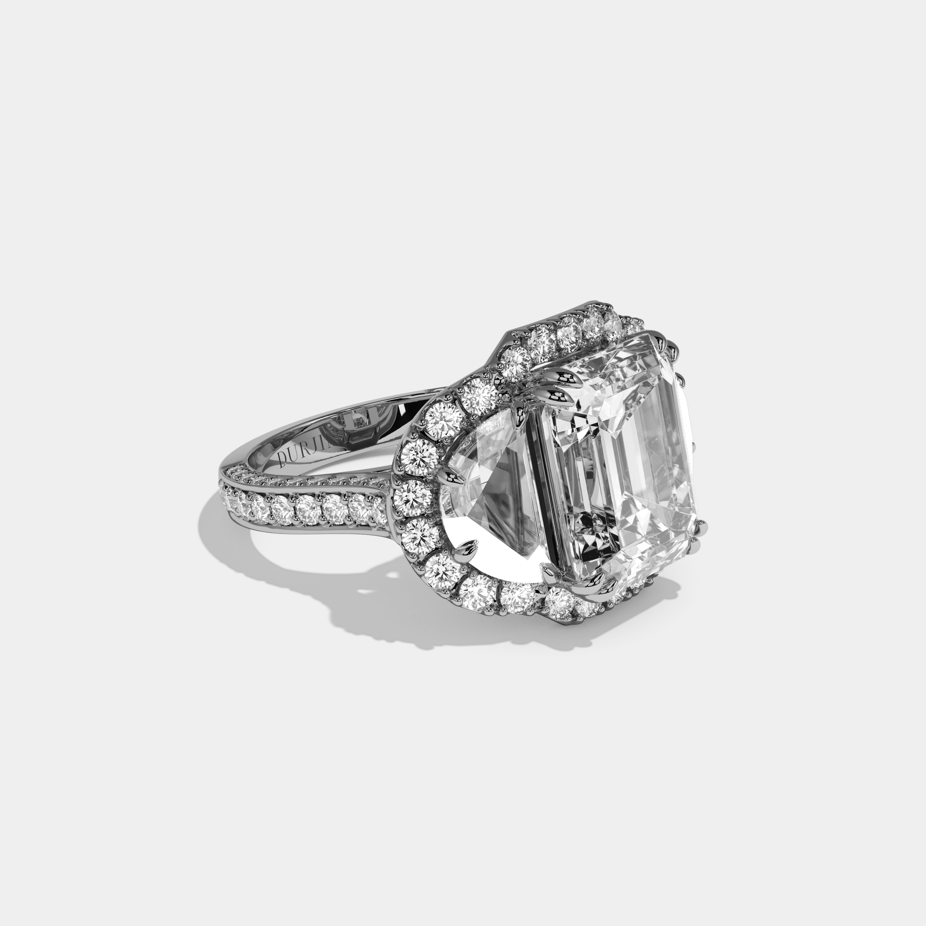Annabel Emerald Cut Diamond With Half Moon Halo Band Engagement Ring 10ct 18k White Gold