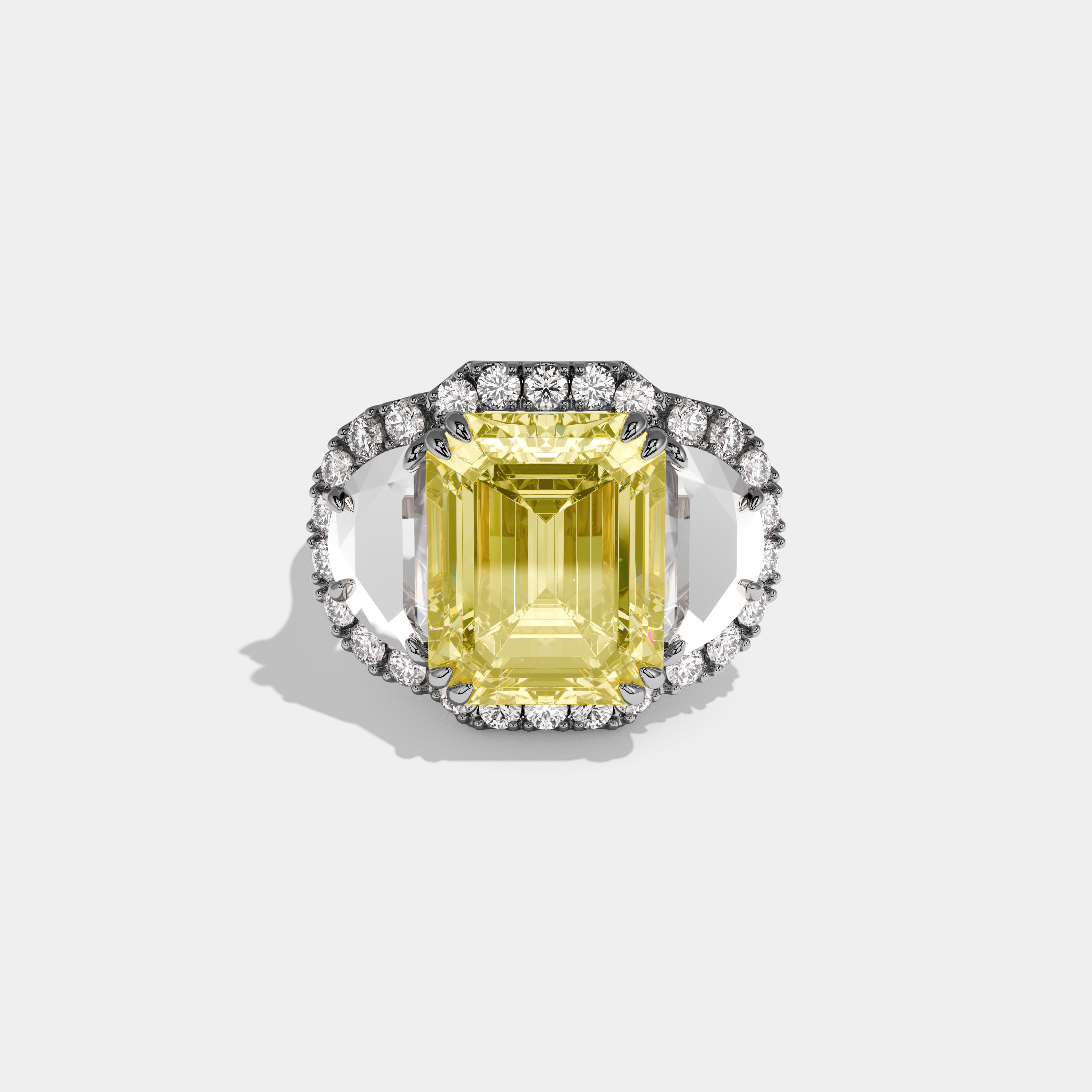 Annabel Fancy Yellow Emerald Cut Diamond With Half Moon Halo Band Engagement Ring 10ct 18k White Gold