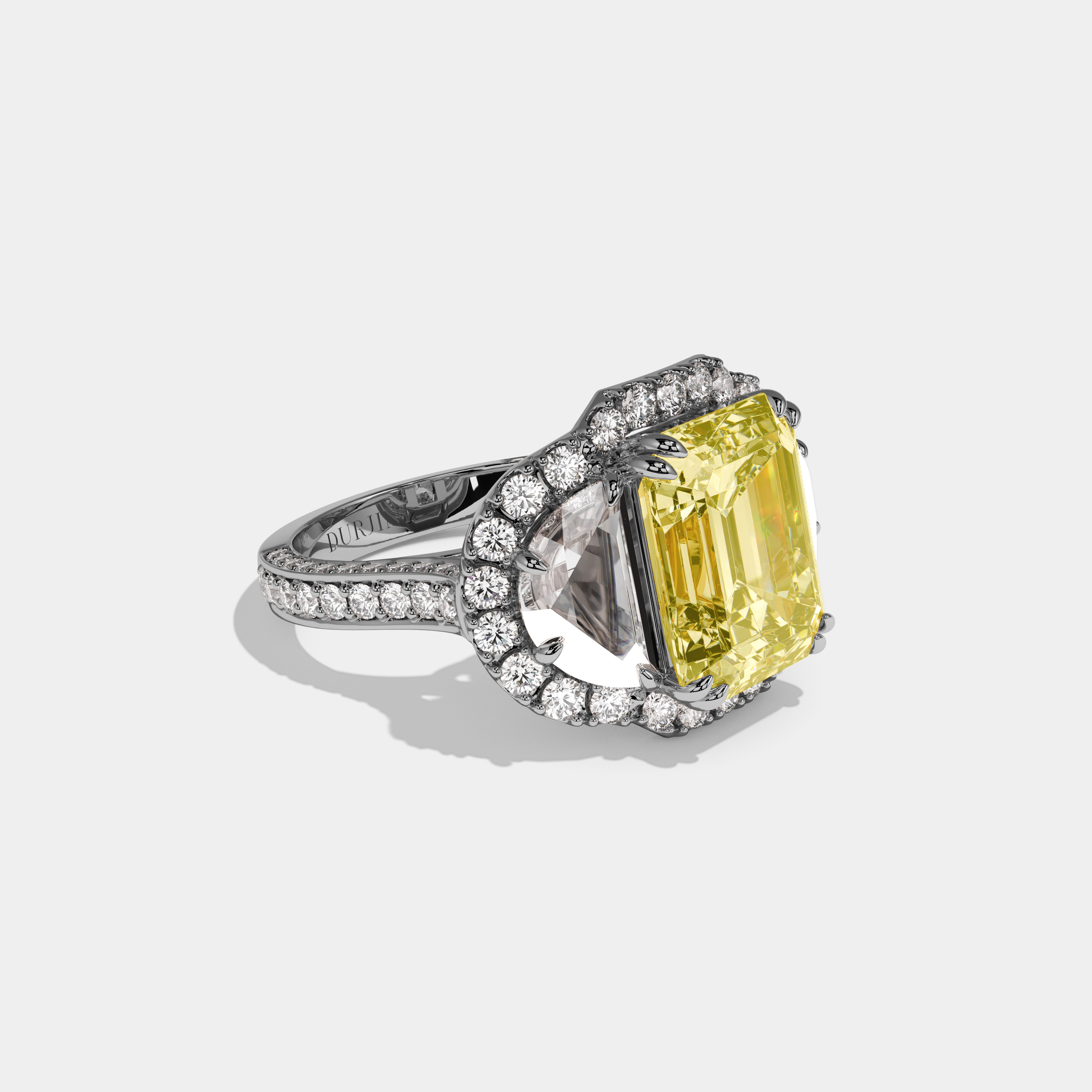 Annabel Fancy Yellow Emerald Cut Diamond With Half Moon Halo Band Engagement Ring 10ct 18k White Gold