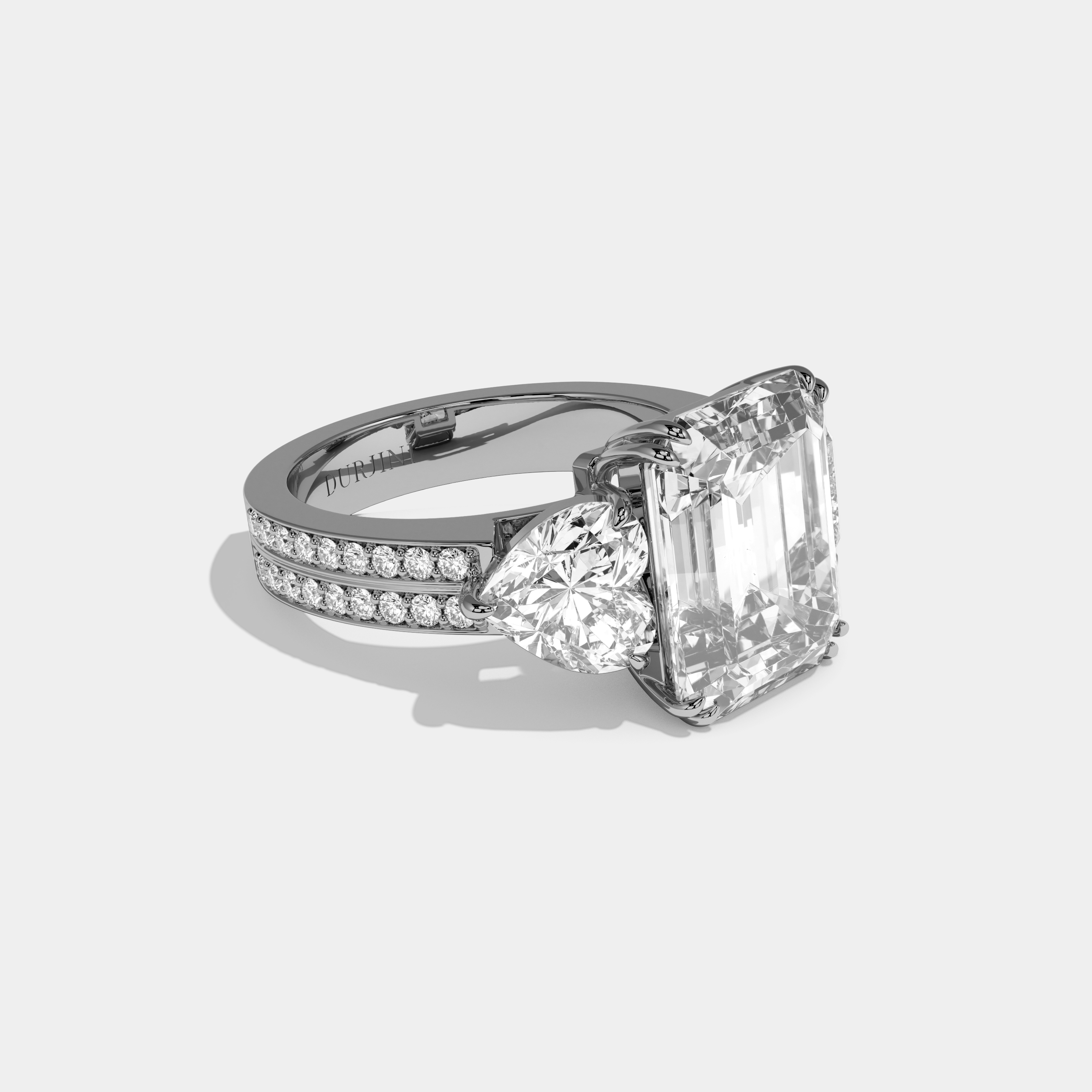 Georgiana Emerald Cut Diamond Halo Double Band With Twin Heart Sides Engagement Ring 10ct 18k White Gold