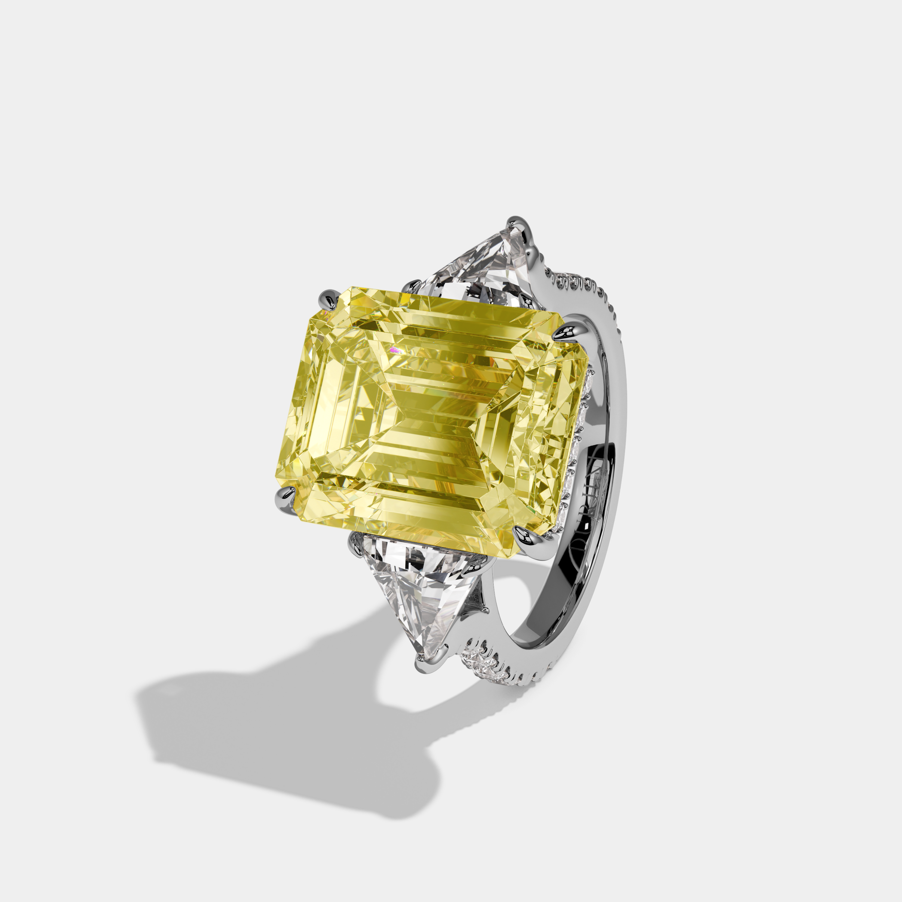 Celestine Fancy Yellow Emerald Cut Diamond Halo With Triangle Sides Engagement Ring 10ct 18k White Gold