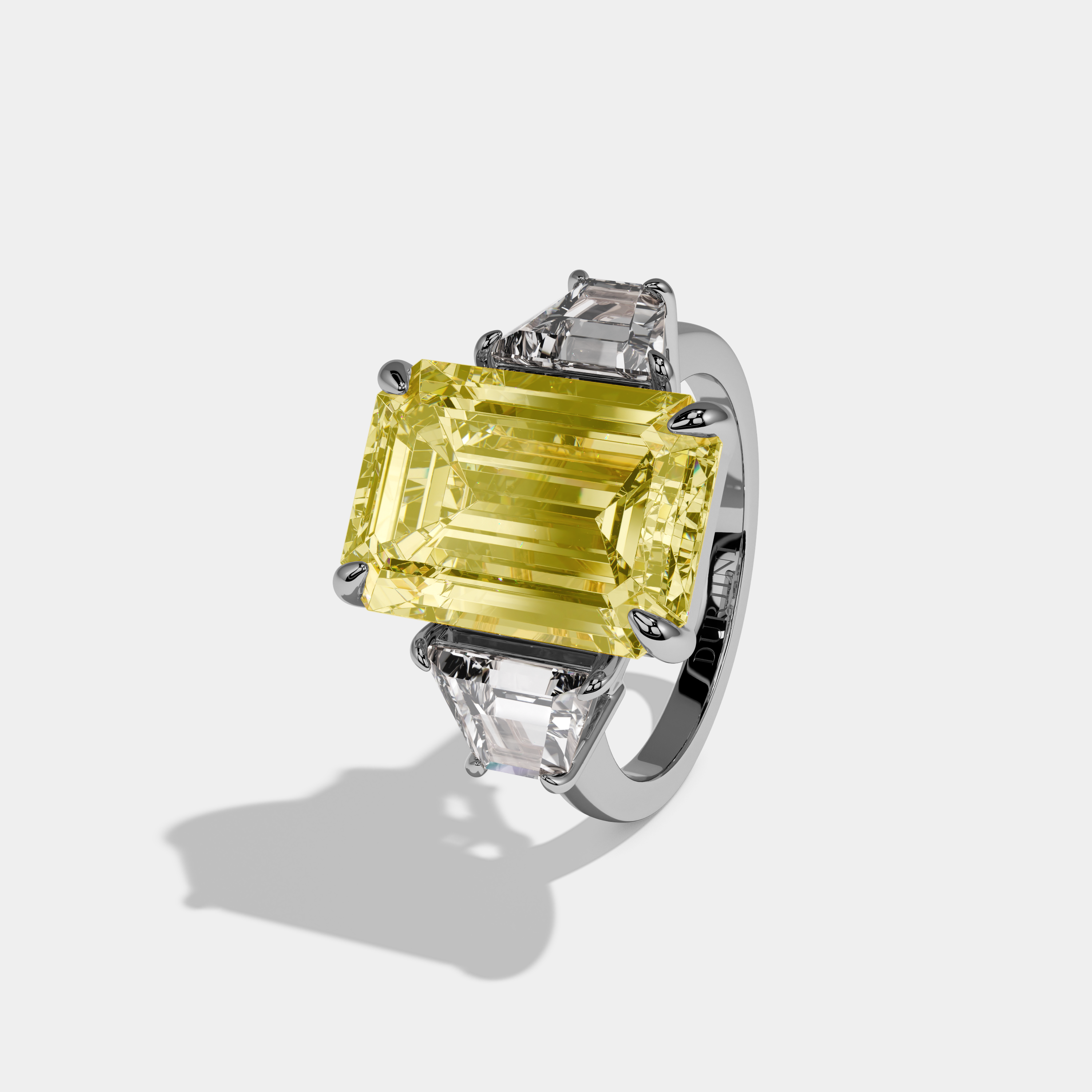 Layla Fancy Yellow Emerald Cut Diamond Plain Band With Quad Cut Sides Engagement Ring 8ct 18k White Gold
