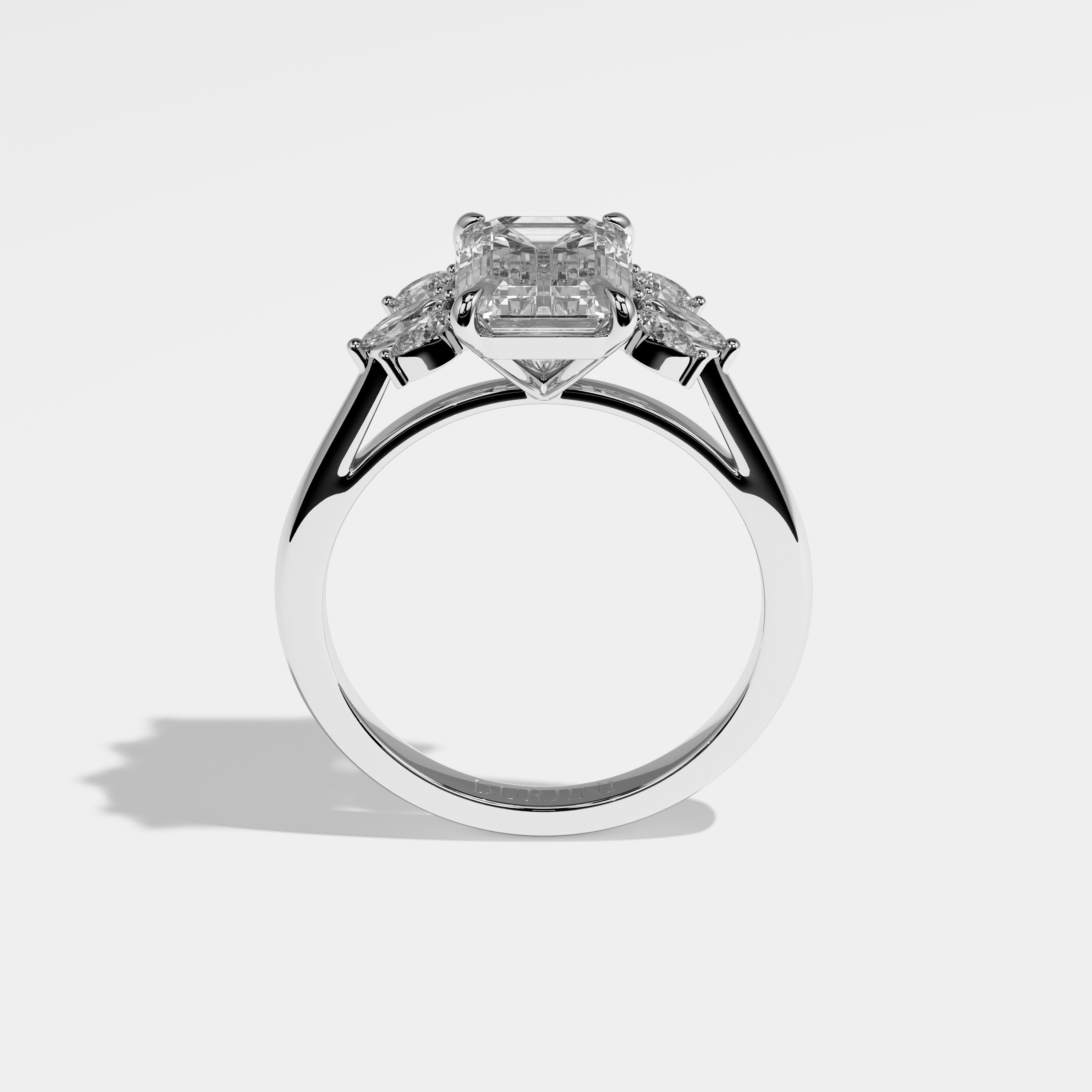 Mane emerald-cut diamond engagement ring in 18K white gold by Kurbãni Durjini, full view