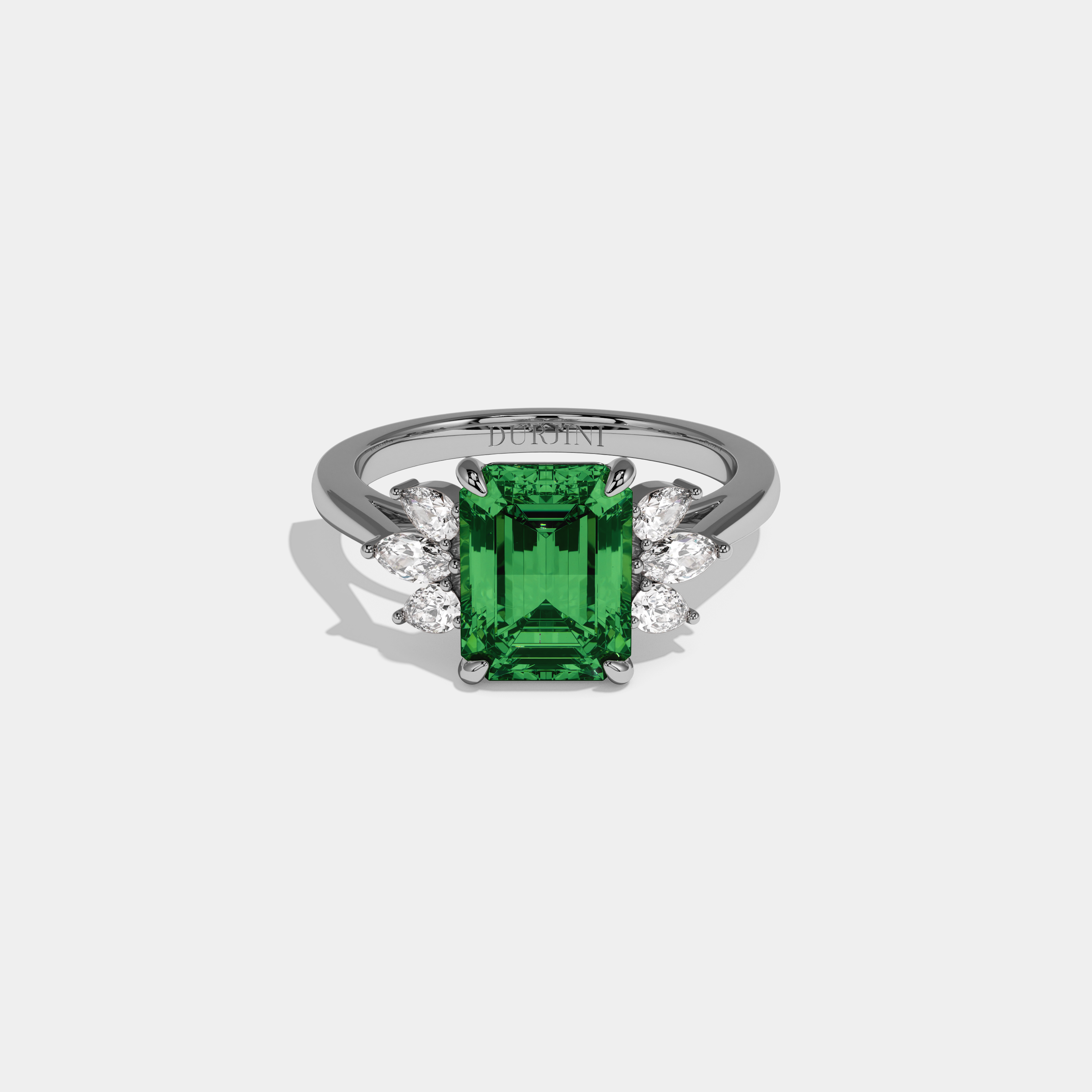 Charlotte Fancy Dark Green Emerald Cut Diamond Plain Band With Marquise Cut Sides Engagement Ring 6ct 18K White Gold