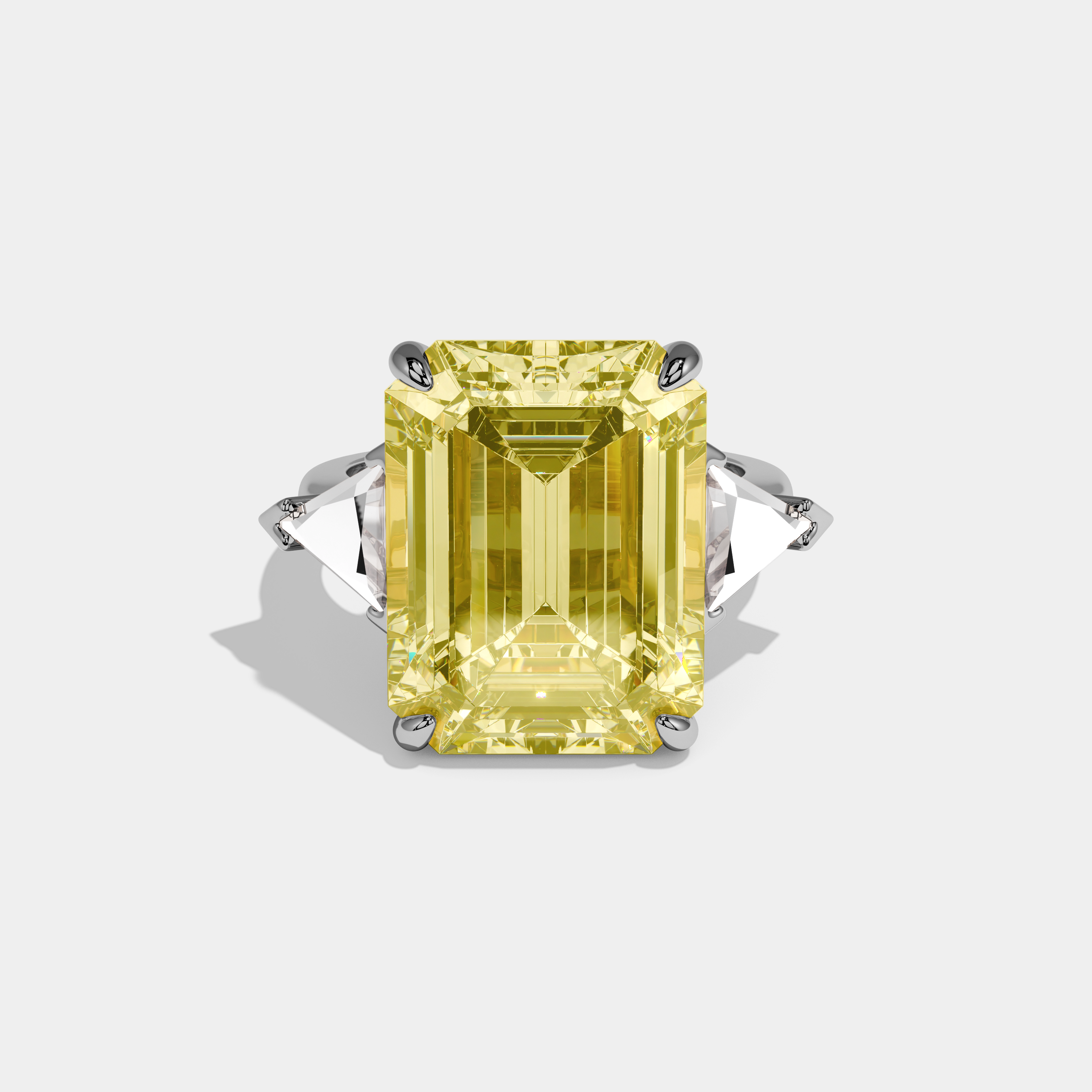 Rosie Fancy Yellow Emerald Cut Diamond Plain Band With Triangle Cut Sides Engagement Ring 8ct 18k White Gold