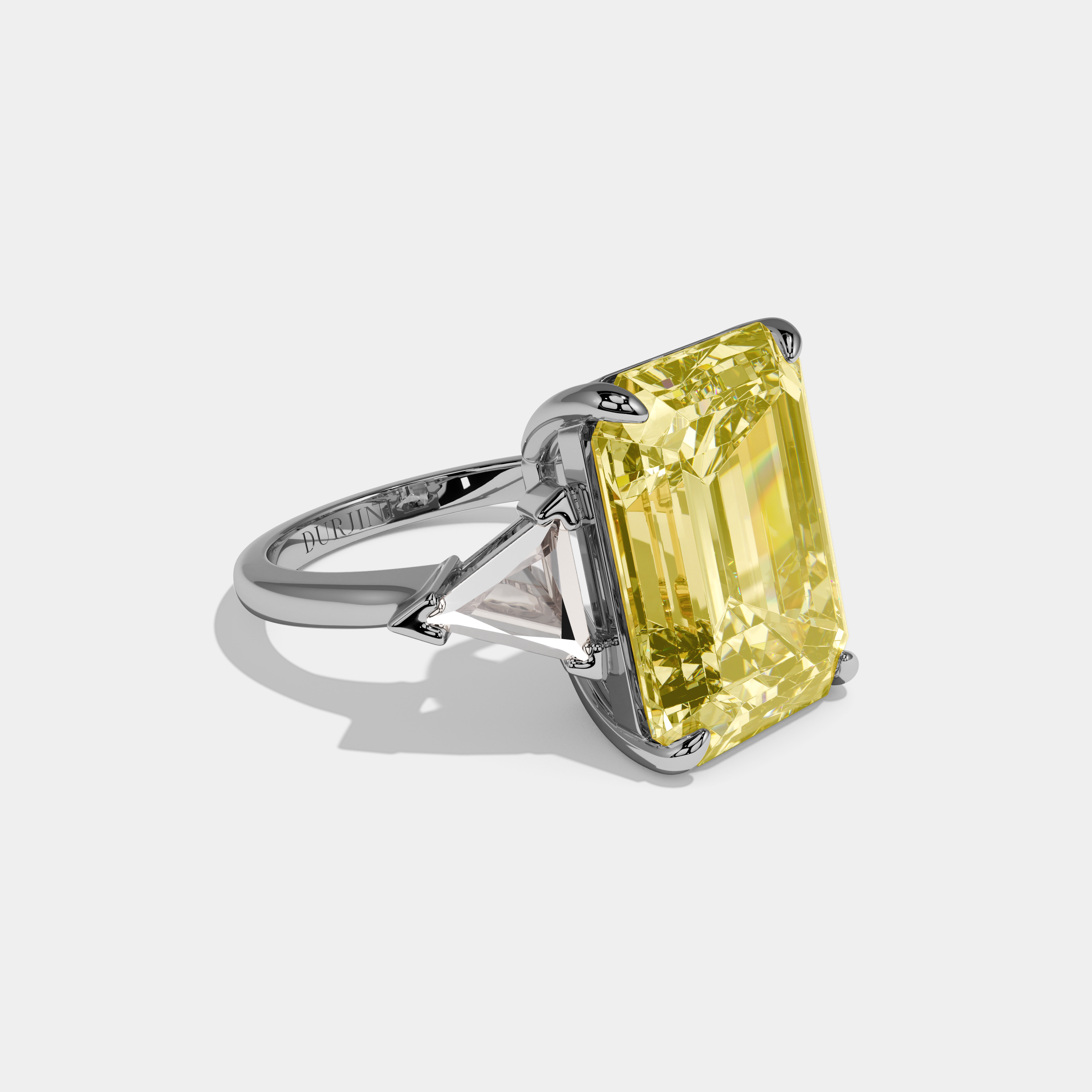 Rosie Fancy Yellow Emerald Cut Diamond Plain Band With Triangle Cut Sides Engagement Ring 8ct 18k White Gold