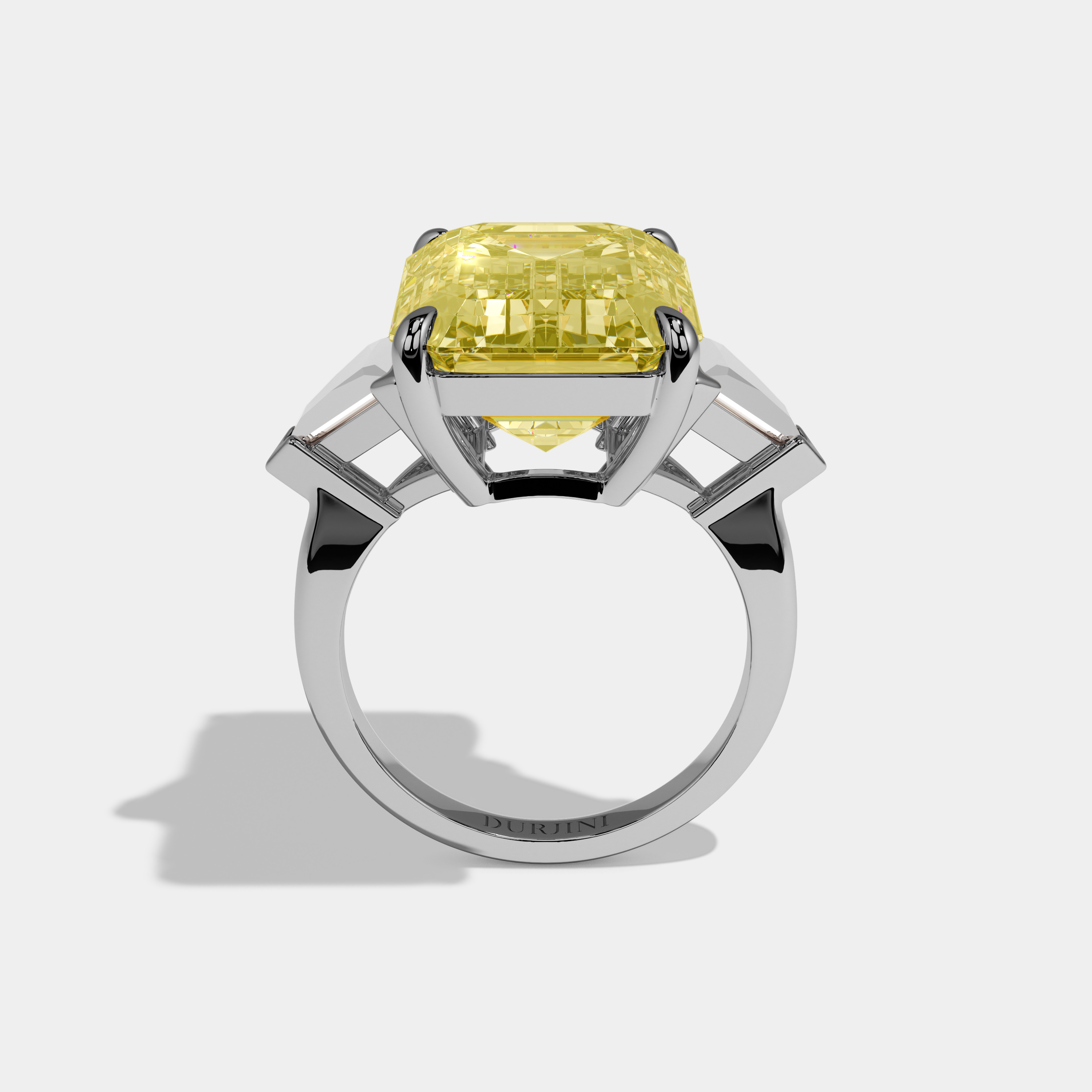 Rosie Fancy Yellow Emerald Cut Diamond Plain Band With Triangle Cut Sides Engagement Ring 8ct 18k White Gold