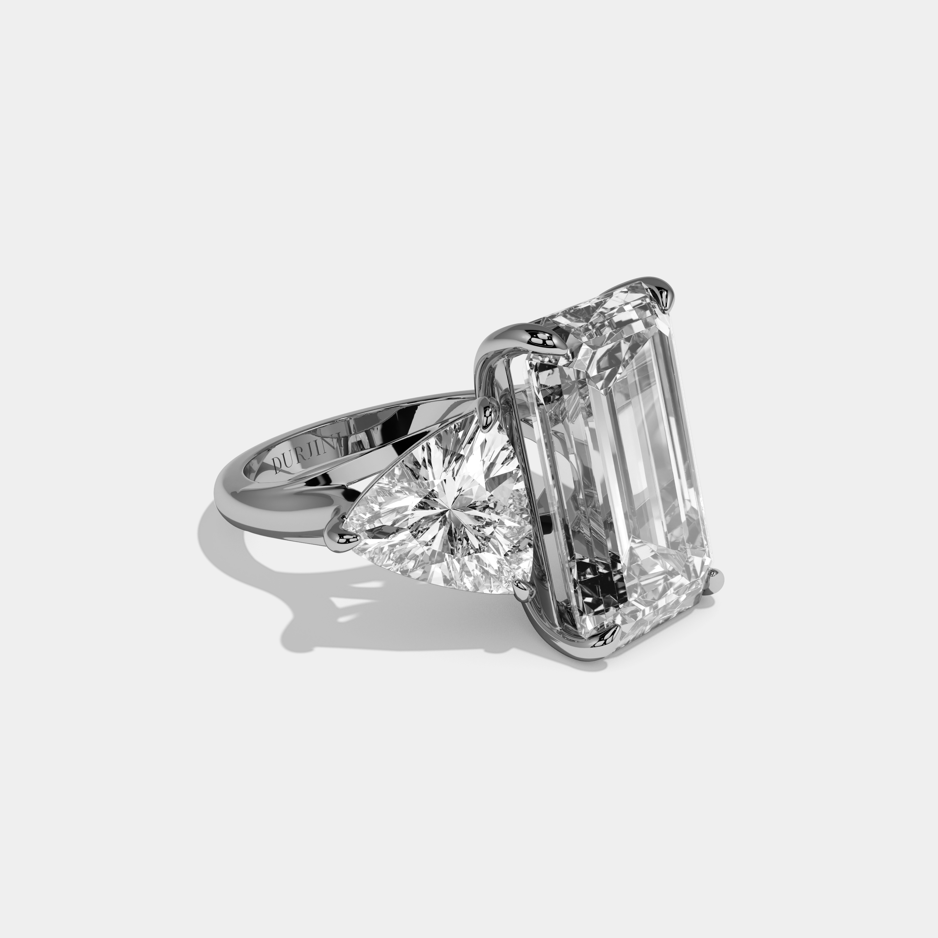 Sophia Emerald Cut Diamond Plain Band With Trillion Sides Engagement Ring 10ct 18k White Gold