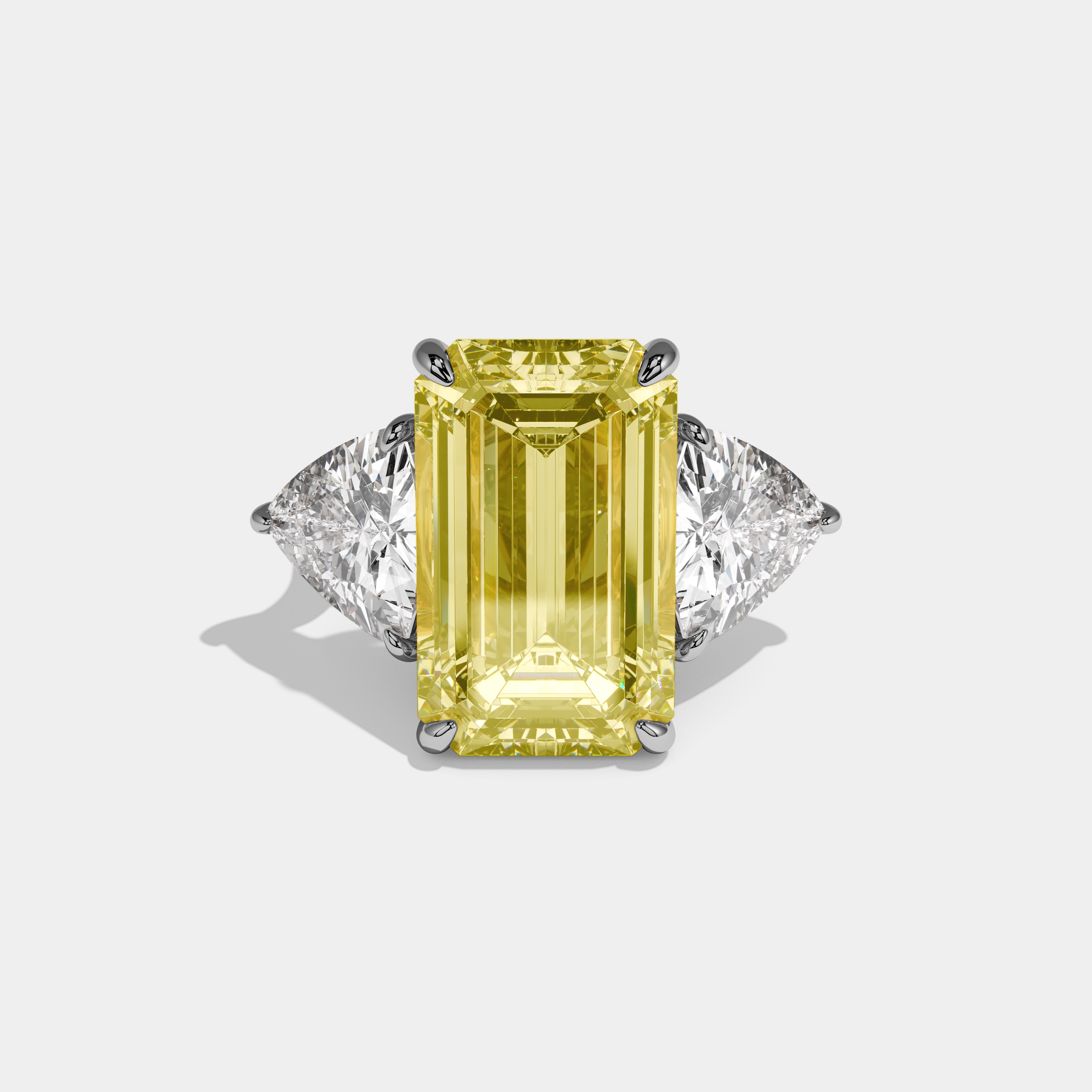 Sophia Fancy Yellow Emerald Cut Diamond Plain Band With Trillion Sides Engagement Ring 10ct 18k White Gold