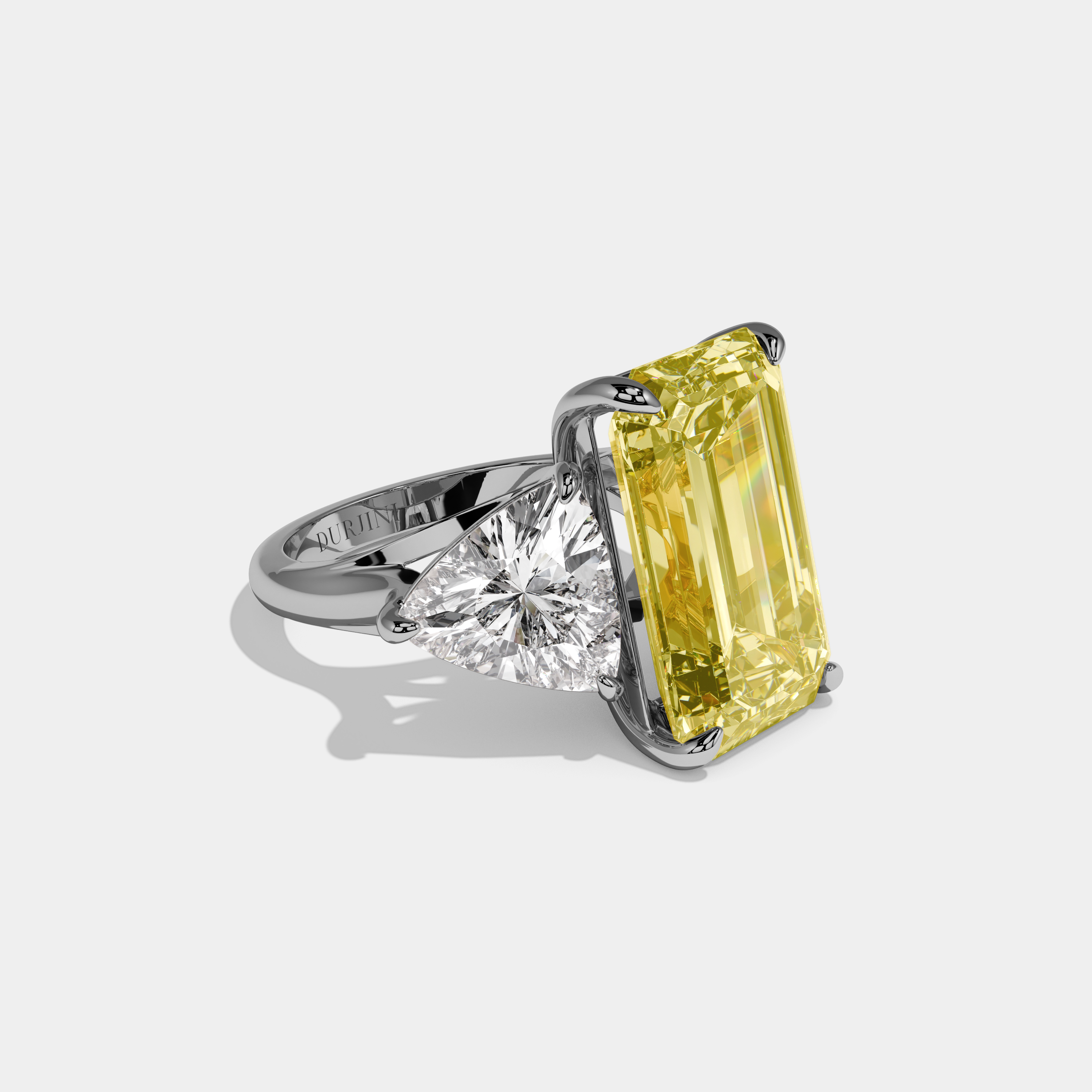 Sophia Fancy Yellow Emerald Cut Diamond Plain Band With Trillion Sides Engagement Ring 10ct 18k White Gold